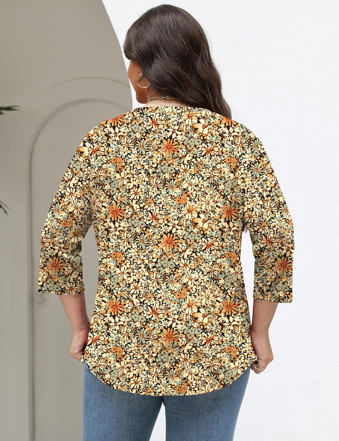 TFSDOD Womens Plus Size Tops 3/4 Length Sleeve Womens Tops Crewneck Pleated Boho Tunic Casual Shirts XL-5X - Image 5