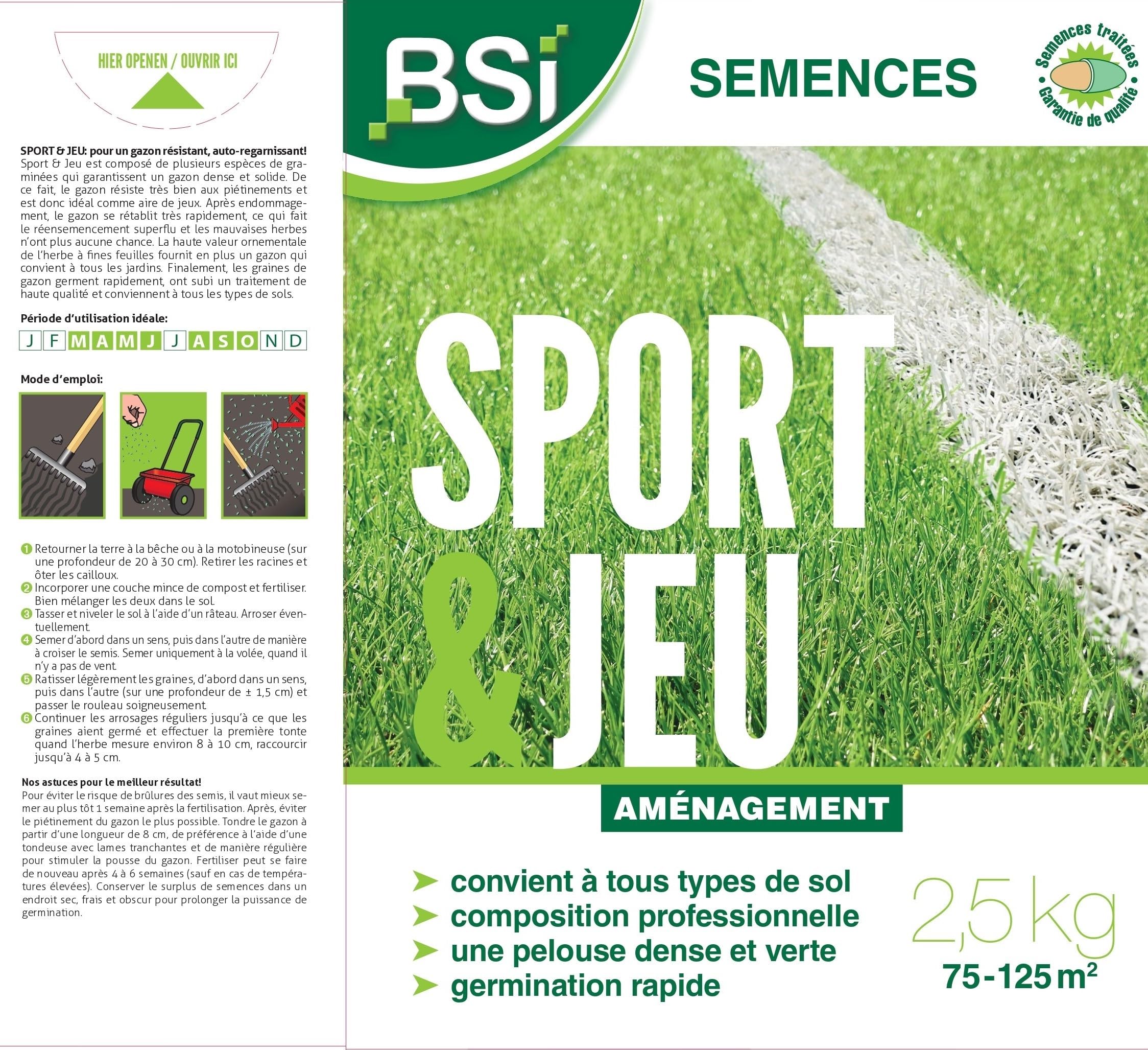BSI - Semences de Gazon - Sport & Jeu - Avec Enrobage Protecteur - Haute qualité - jusqu'à 125 m² - 2,5Kg, Beige