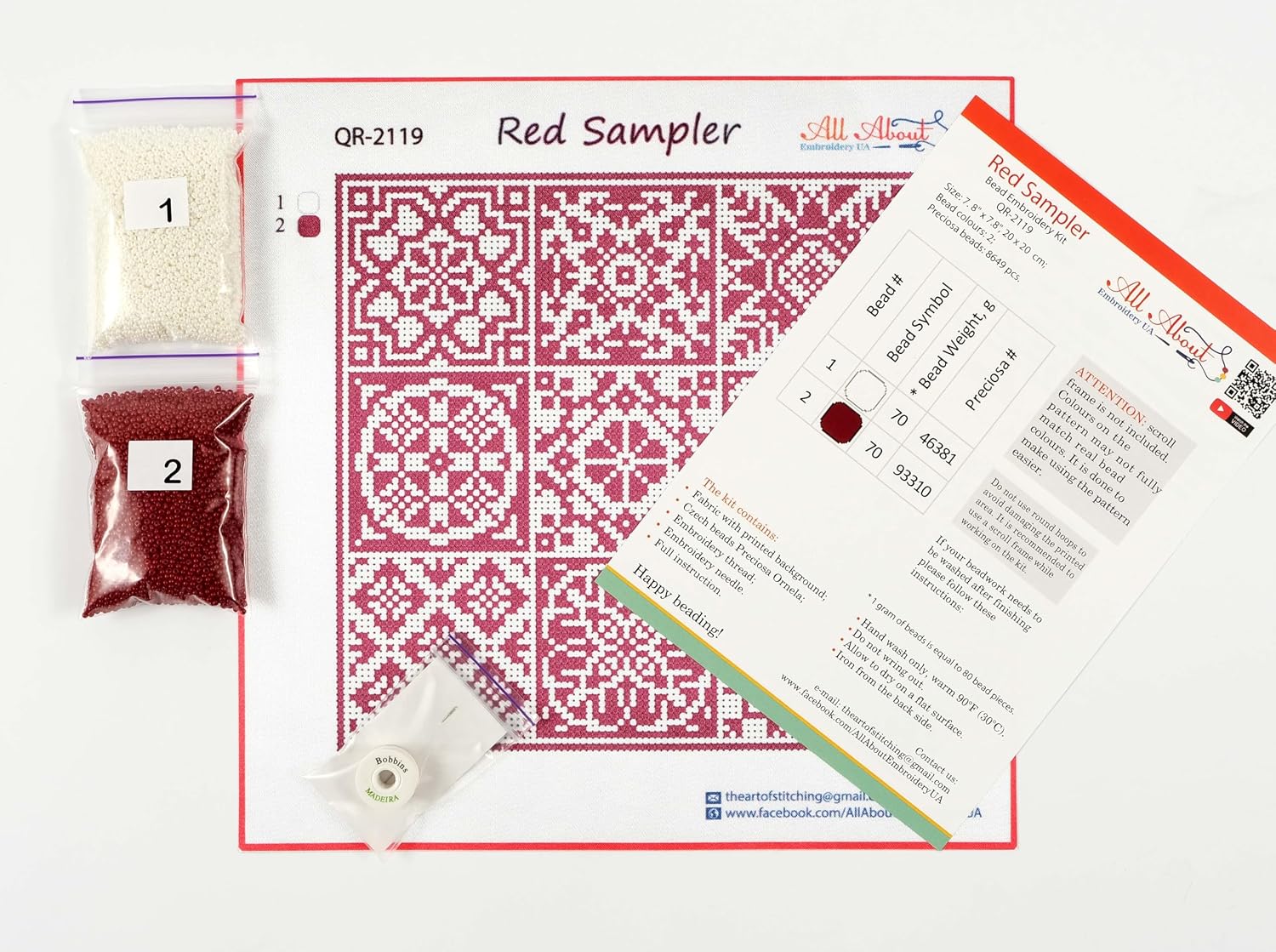 Bead Embroidery Kit Quaker Sampler AllAboutEmbroidery Beaded Cross Stitch Quaker Needlework (Red)