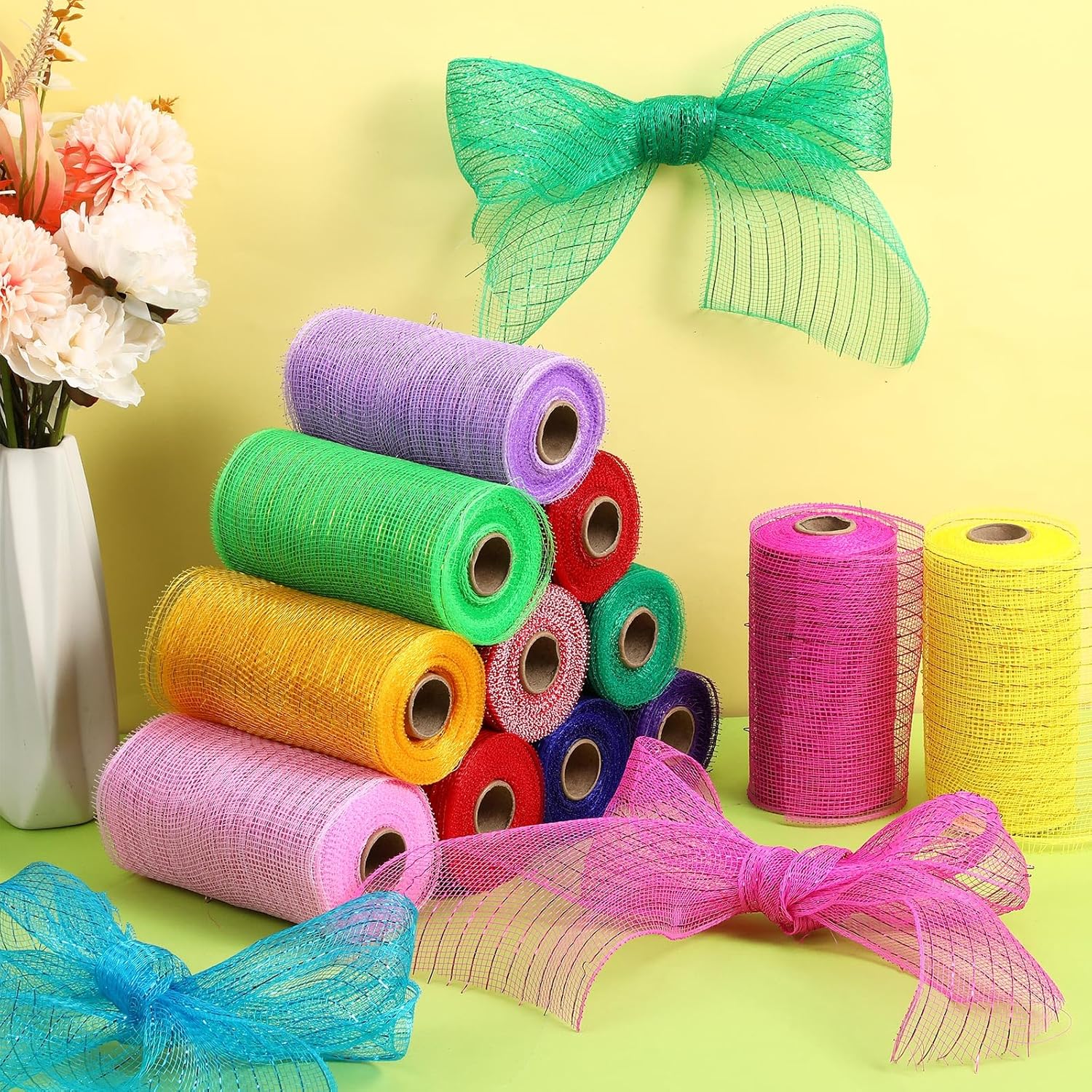 24 Rolls Easter Mesh Ribbon for Wreath Decor Mesh Craft Metallic Foil Decor Ribbon for Easter Wedding DIY Wrapping Raft 6 Inch x 30 Feet