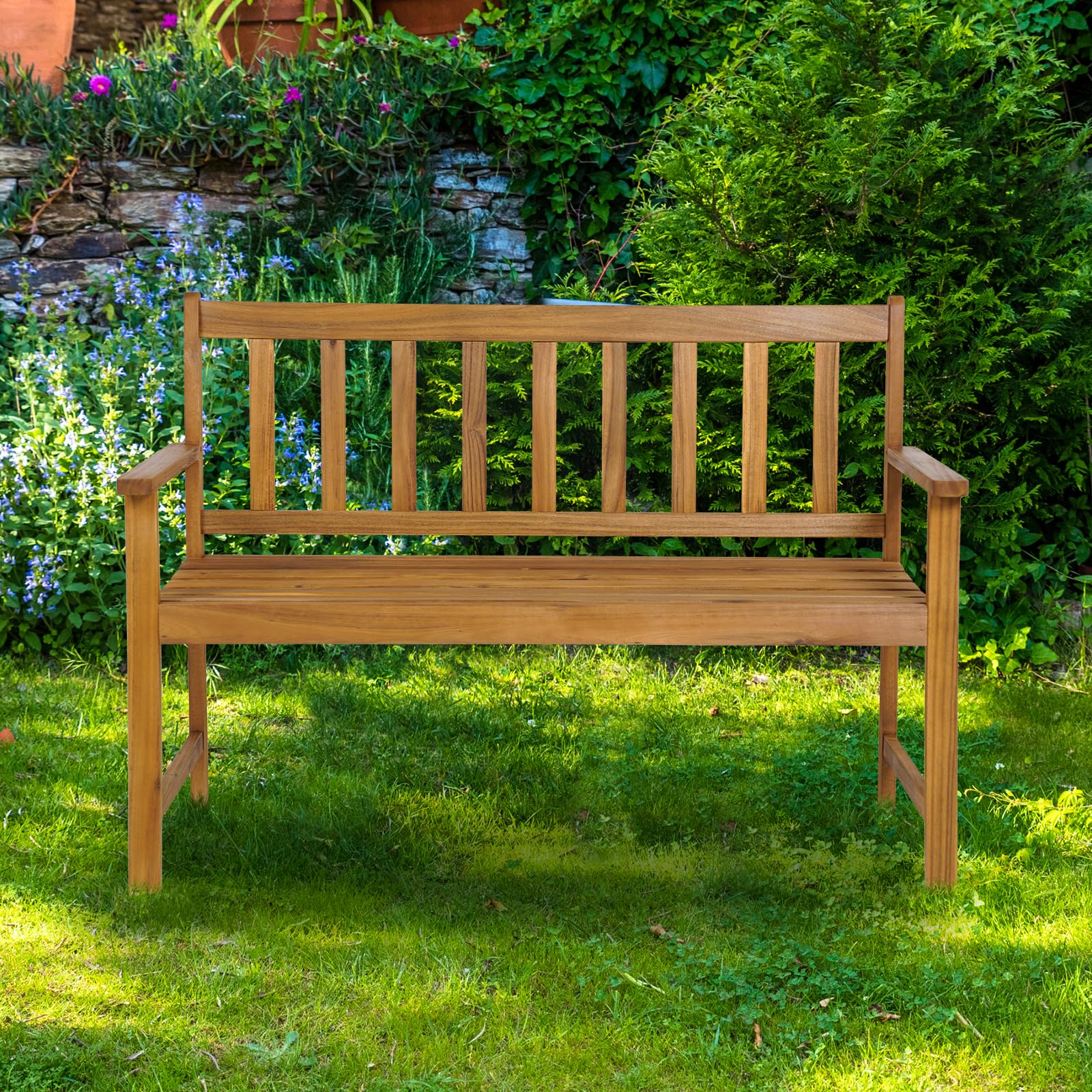 KOMFOTTEU Banc de Jardin 2 Places, Banquette de Parc en Bois d'Acacia, Banc de Parc, Chaise de Parc avec Dossier, Charge de 360 kg, pour Balcon, Terrasse (Grande Taille, 122 x 56,5 x 86 cm)