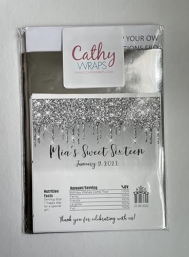 Miniatura 4 de Glitter Drip Personalized Candy Bar Wrappers, Birthday Party Favors, Chocolate Bar Labels for Baby Shower, Bridal Shower, Pack of 20 (Silver)