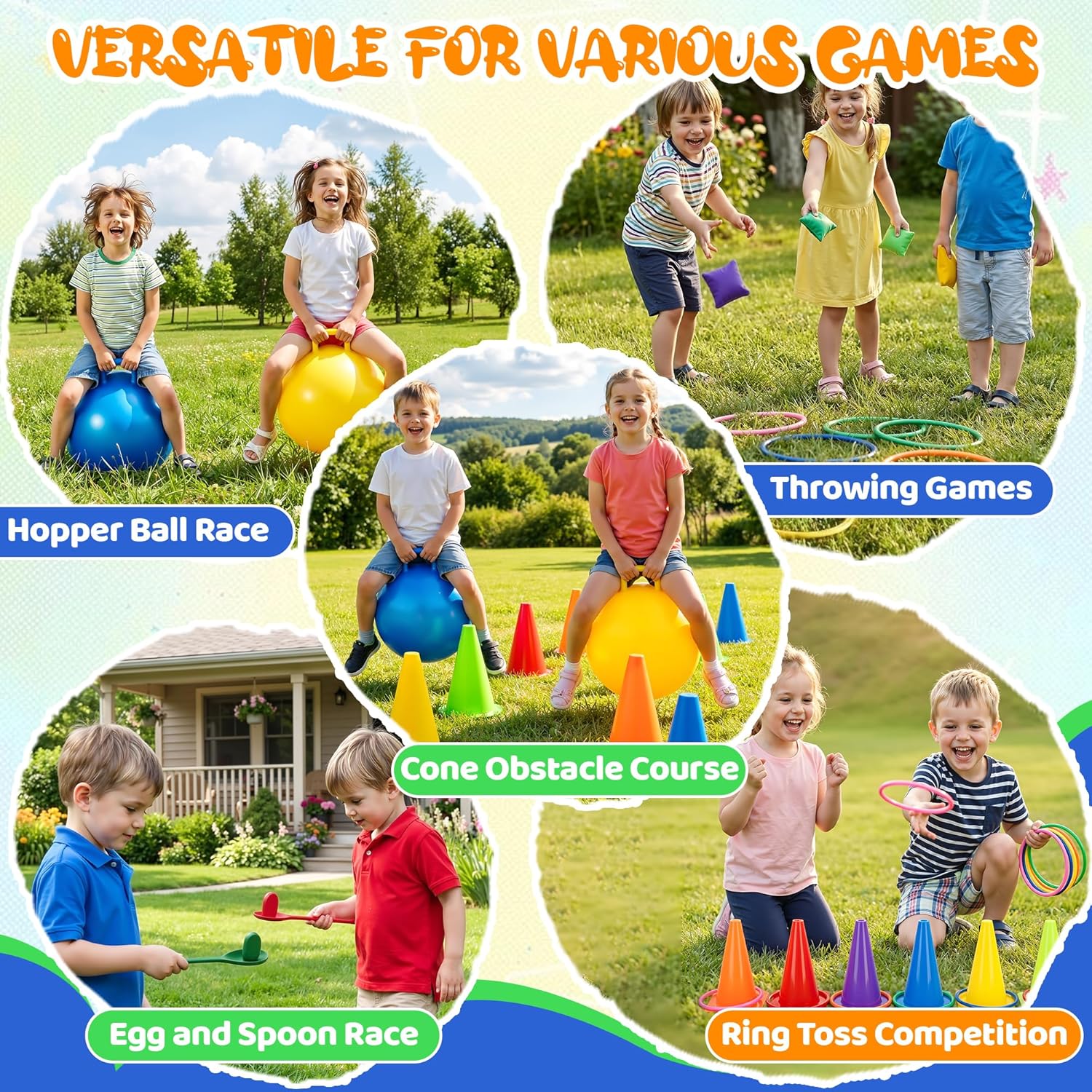 JOY SPOT! Carnival Outdoor Games Combo Set for Kids, 18 Inch Hopper Balls with Handles, Ring Toss, Bean Bags, Egg Spoon Relay Race, Fun for Backyard, Field Day, School, Birthday Parties, Family Events