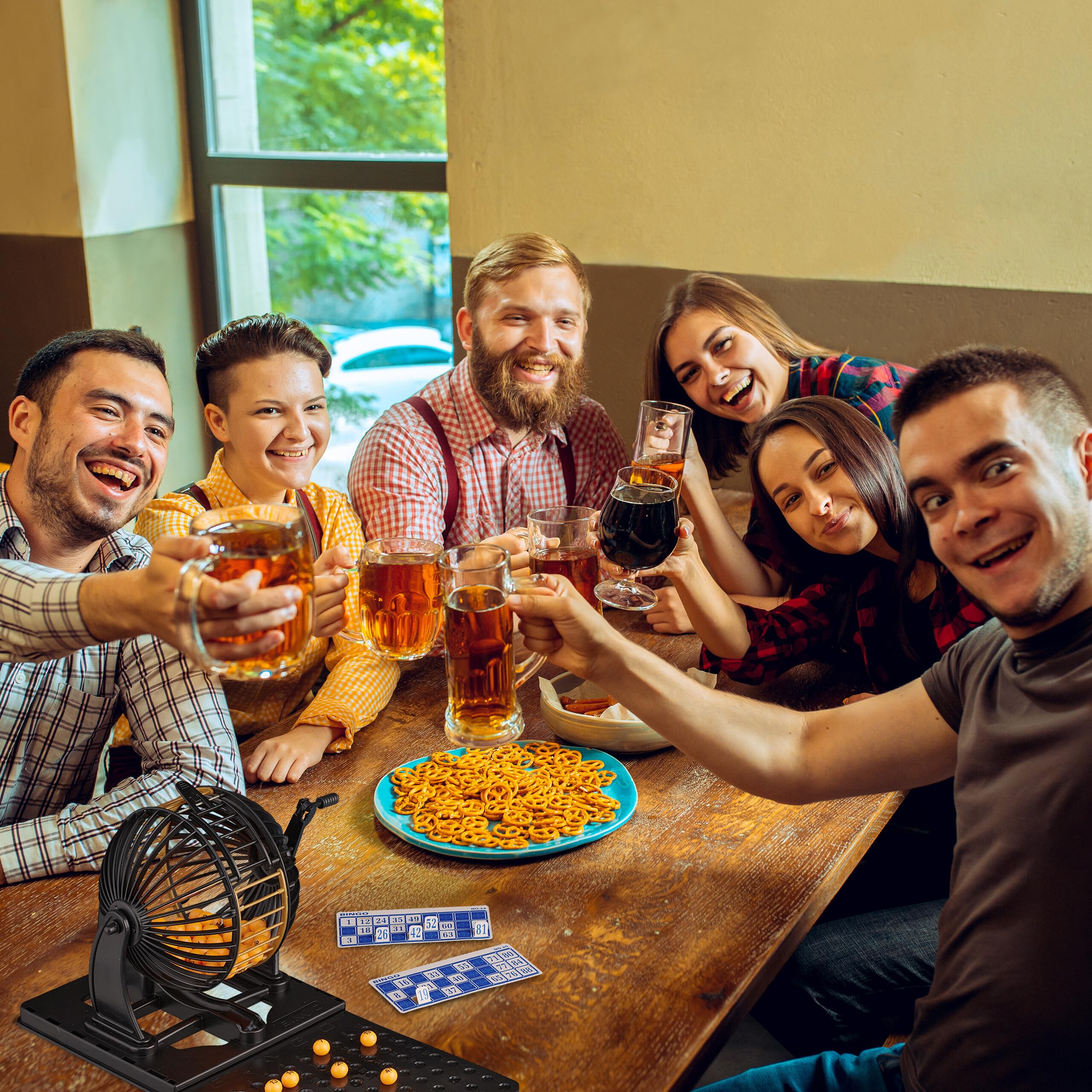 Relaxdays Gra bingo z bębnem do loterii, 90 kul, 72 karty, rozkładana plansza do gry, dla dzieci i dorosłych, loteria, czarna