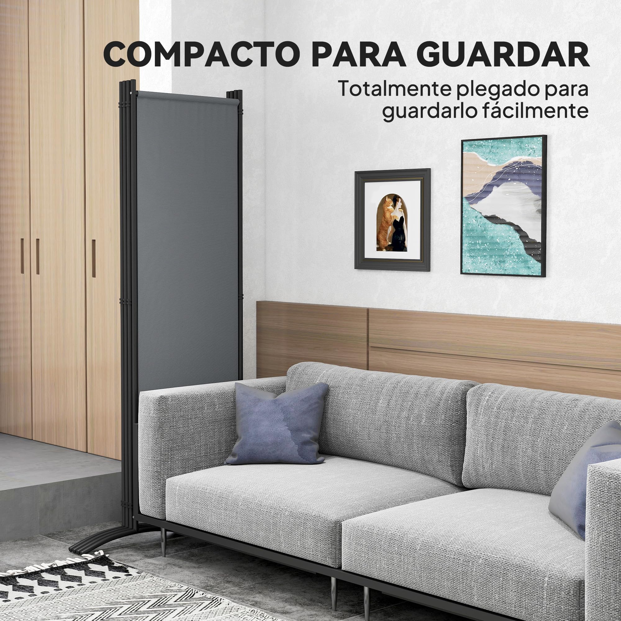 Outsunny Biombo Separador de Ambientes de 4 Paneles, 221x172 cm, Pantalla de Privacidad Plegable con Patas Anchas, Biombo Interior para Salón, Oficina, Dormitorio, Gris Oscuro