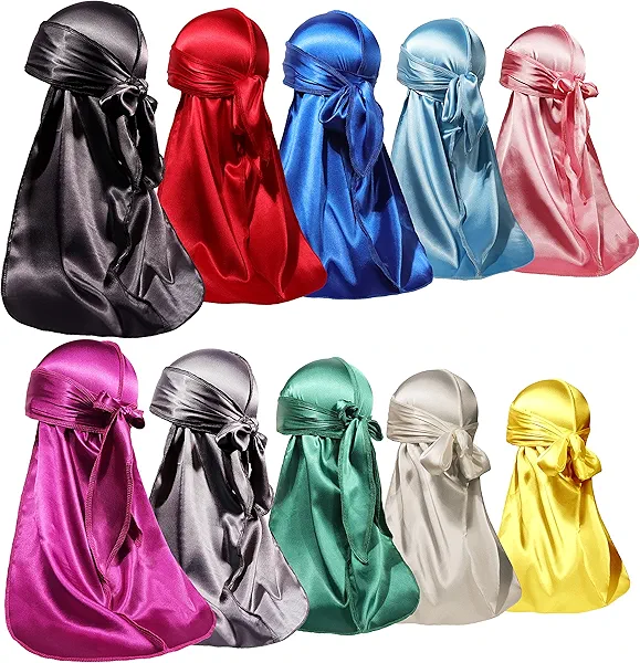 ForceWave 10 Pieces Silky Durags Long Tail for Women Men Satin Durag 360 Wave,Dorag, 10 Pieces