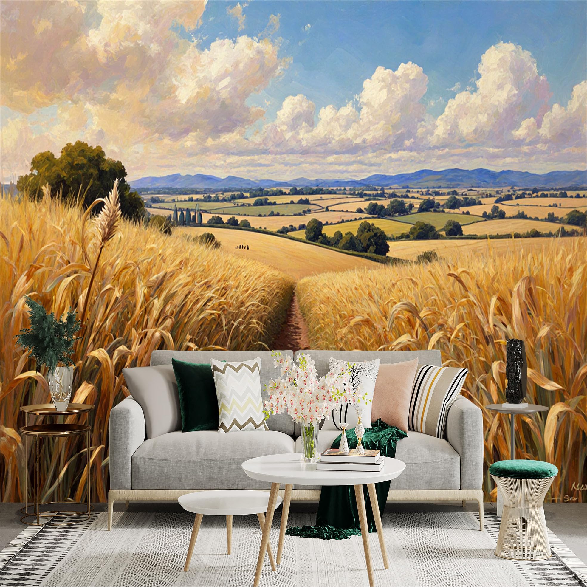 Lnzczhyre Xc260505402 Custom Size Wall Sticker Mural， Golden Wheat Field， Rural Landscape With Rolling Hills， Countryside Scenery， Summer Harvest View， For Wall Decoration， Peelandstick Wall Decals.