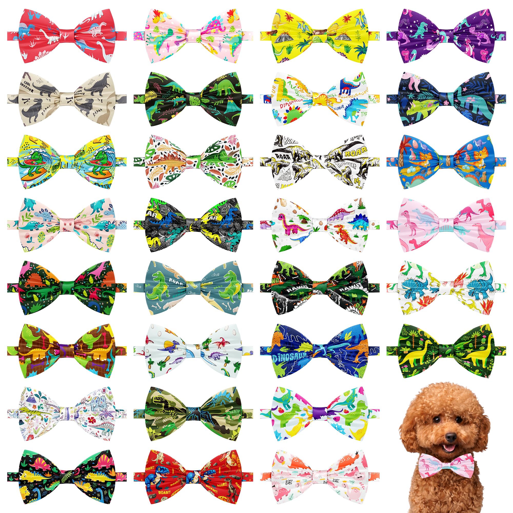 Pai Sence Dog Bow Ties Bulk 30 Pcs Dinosaurs Bowties for Small Dogs Cats Dino Dog Bow and Adjustable Ties Collars Party Grooming S