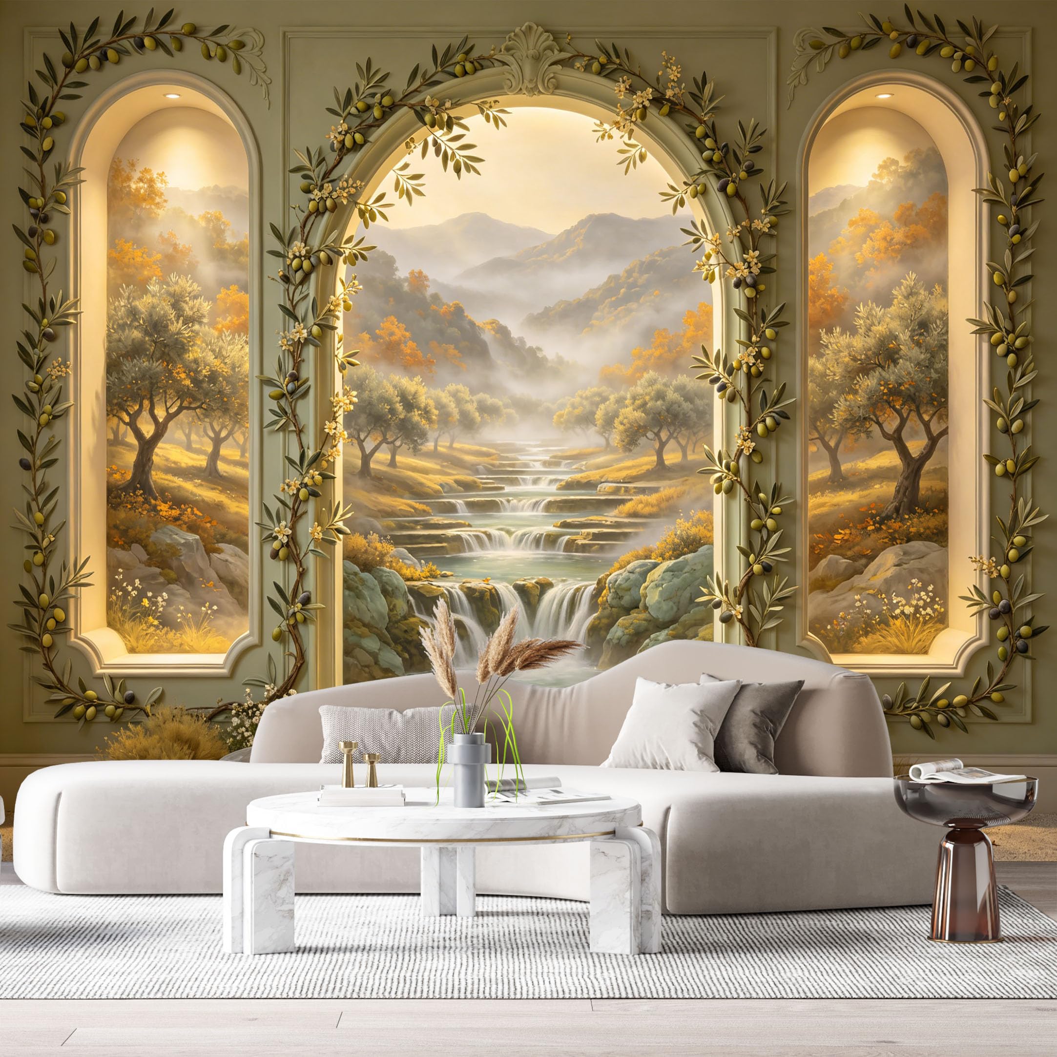 Custom Size Wall Murals Neoclassical Arch Mountain Lake Waterfall 3D Trompe L'Oeil SelfAdhesiveWall Fabric Removable Wallpaper Wall Decor for Living Room Bedroom Bathroom