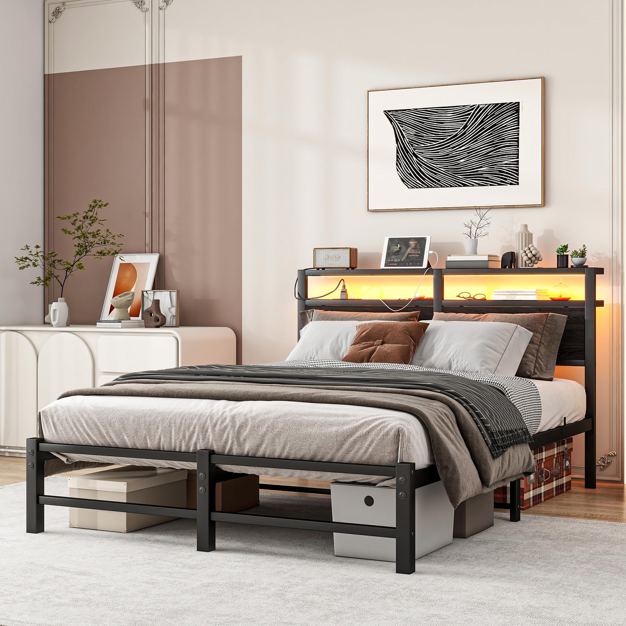 VERFARM Queen Bed Frame with LED Lights Storage Headboard,Queen Bed Frame with Charging Station,Heavy Duty Metal Platform Bed Frame,No Box Spring Needed,Noise Free,Strong Metal Slats Support,Black