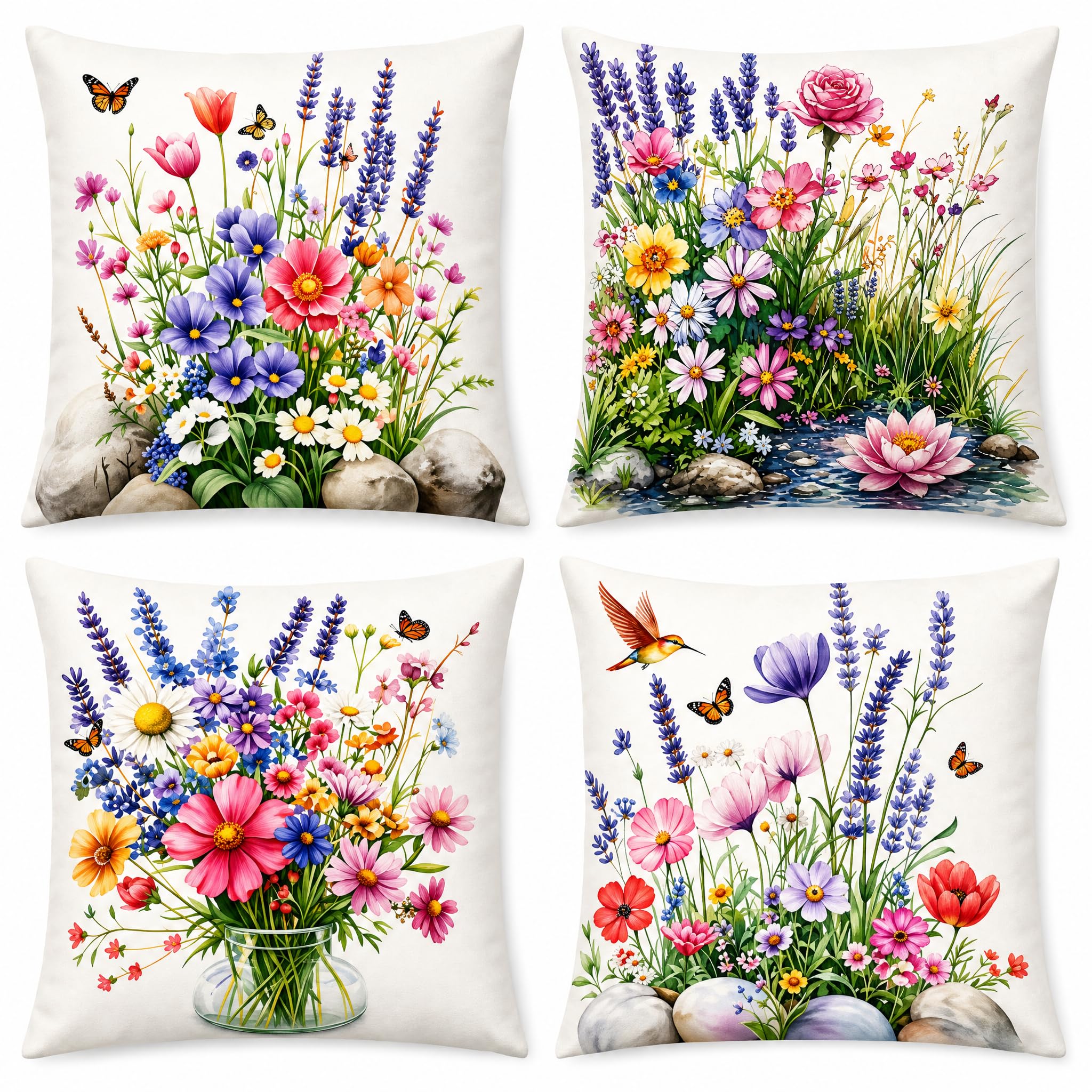 PVOODIRE Colourful Cushion Cover, 40 x 40 cm, Set of 4, Plush Floral Pattern, Purple, Red, Yellow, Pink, Decorative Cushion for Living Room, Sofa, without Filling