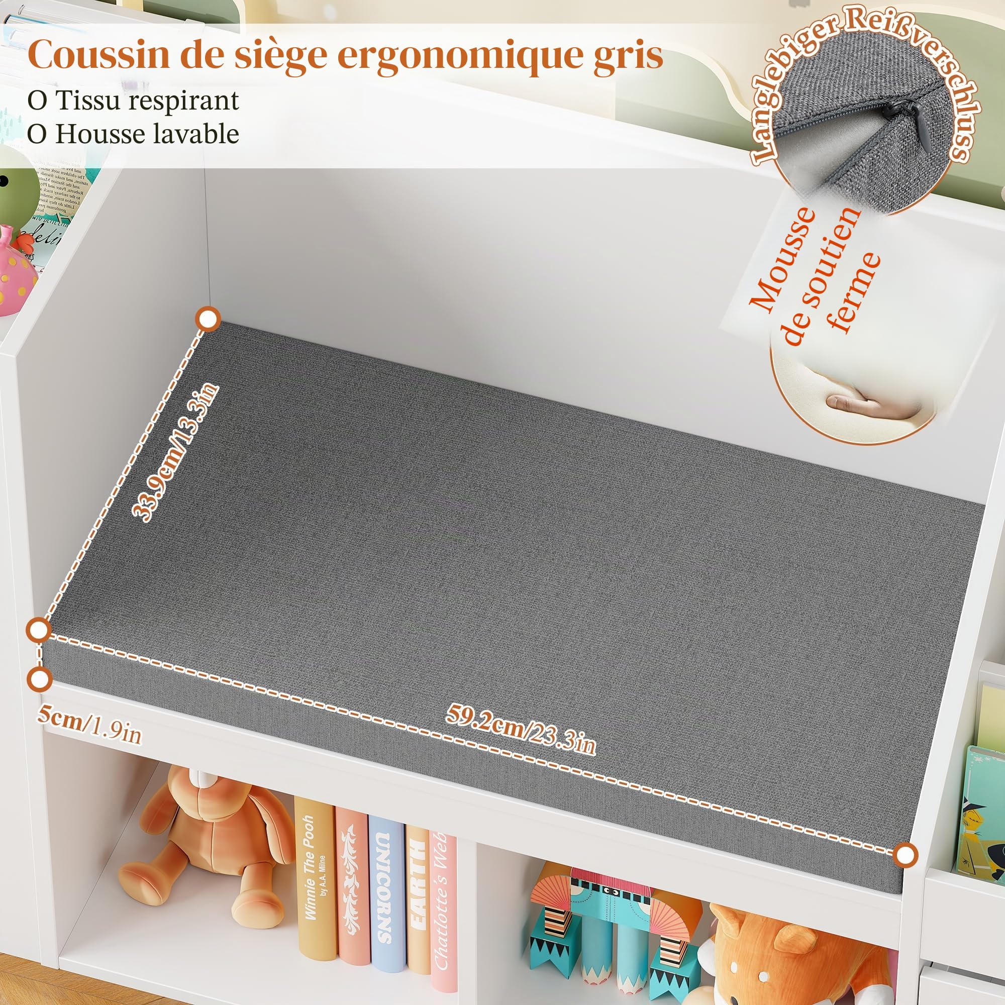 HOCSOK Bibliothèque Enfants, Meuble Rangement Enfant avec Bibliothèque Banc, Étagère à Jouets pour Enfant avec Tiroirs Roulants, Meuble Rangement Jouet, Blanc