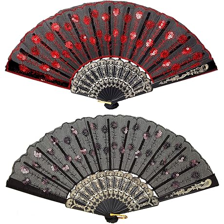 2 Pieces of Sequin Fabric Folding Fans Embroidered Flower Lace Trim Peacock...