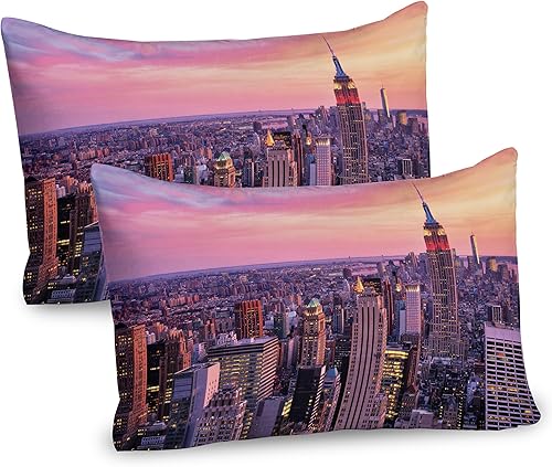 Miniatura 31 de Ambesonne Synthwave - Juego de 2 fundas de almohada, ilustración abstracta de los años 80 con palmeras y cuadros de puesta de sol, artículo de