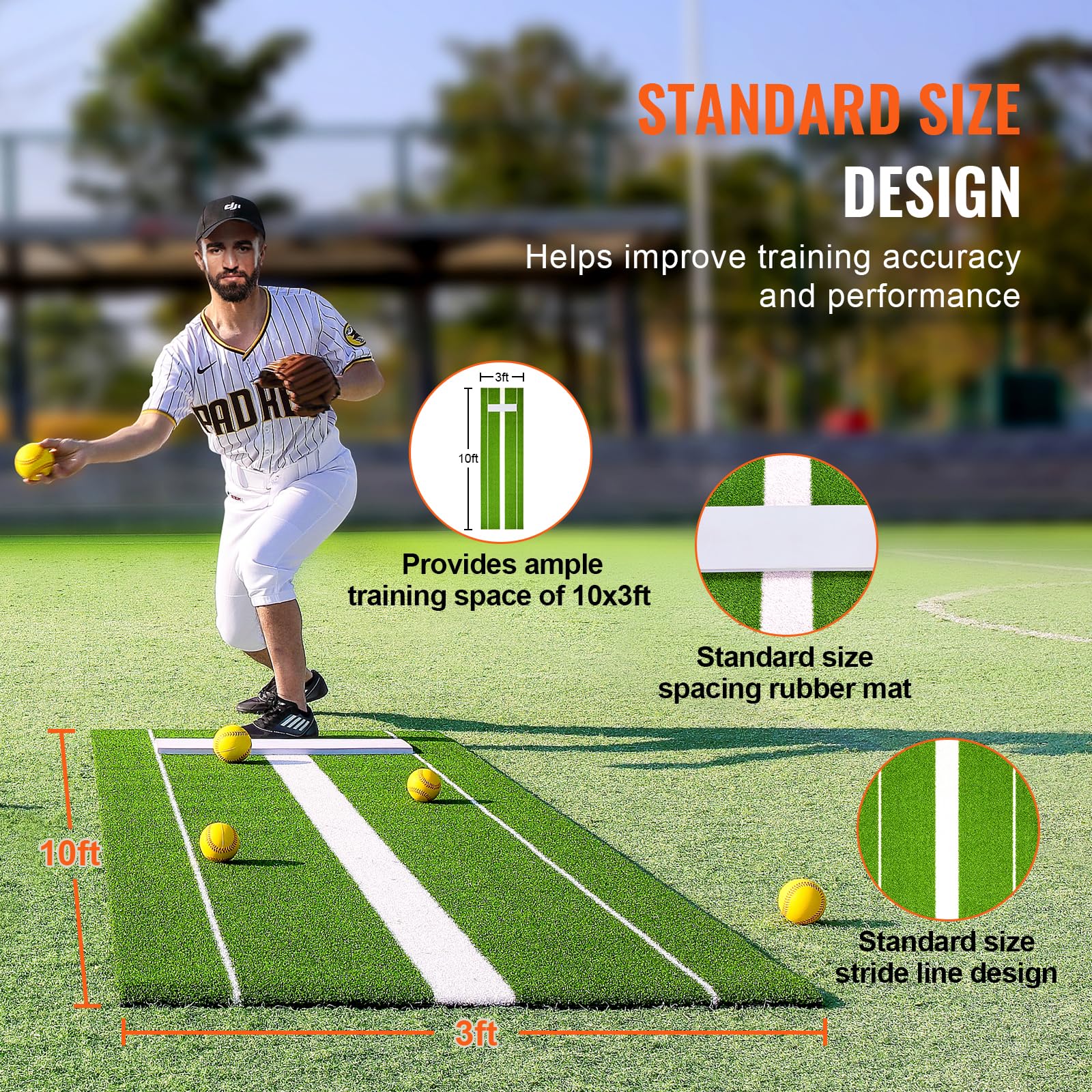 Happybuy Softball Pitching Mat, 10' x 3' Anti-Slip Rubber Training Aid, Pitch Practice Mat for Indoor/Outdoor Use, Green