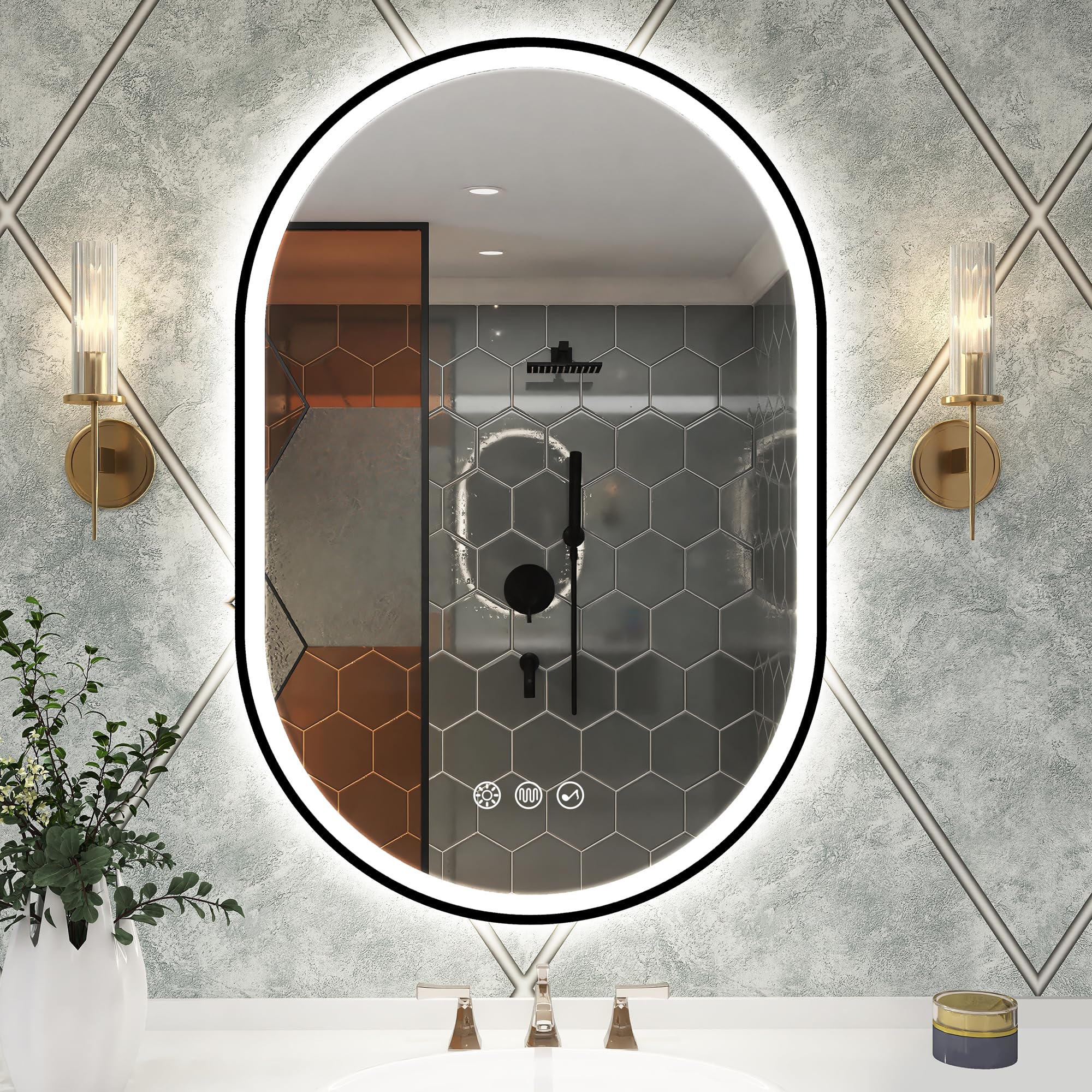 STARLEAD 900x600 mm Oval-Bathroom-Mirror-with-LED-Lights and Bluetooth, Bathroom-LED-Mirror with 3 Colours Dimmable, Defogging, IP44, HD Tempered Glass, Horizontal/Vertical, Black Painted â image 1