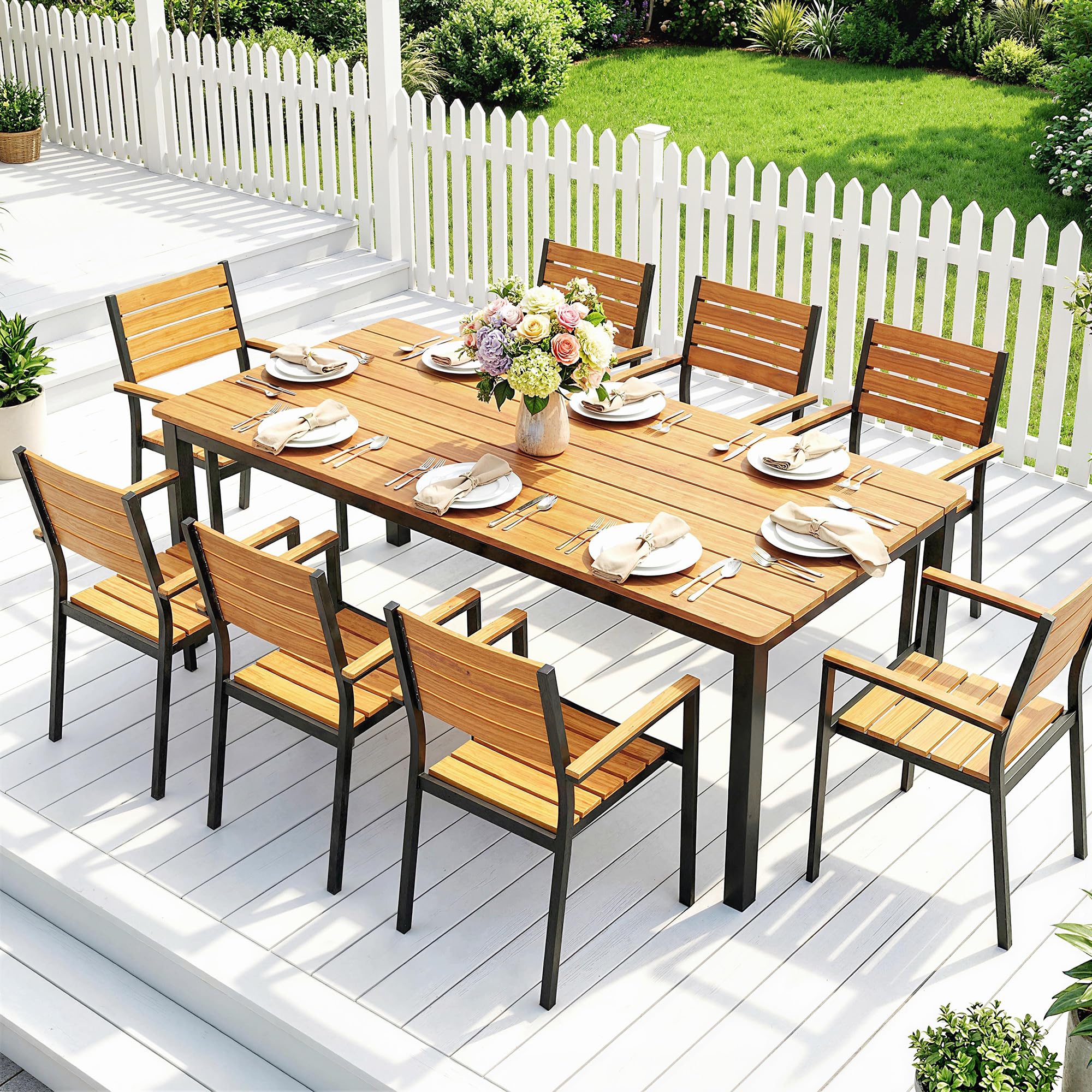 Outsunny Tavolo da Giardino per 6-8 Persone 180x86x74 cm, Tavolo da Pranzo Esterno Rettangolare con Piano a Doghe in Legno di Larice, Struttura in Acciaio per Patio Terrazzo Balcone, Color Teak