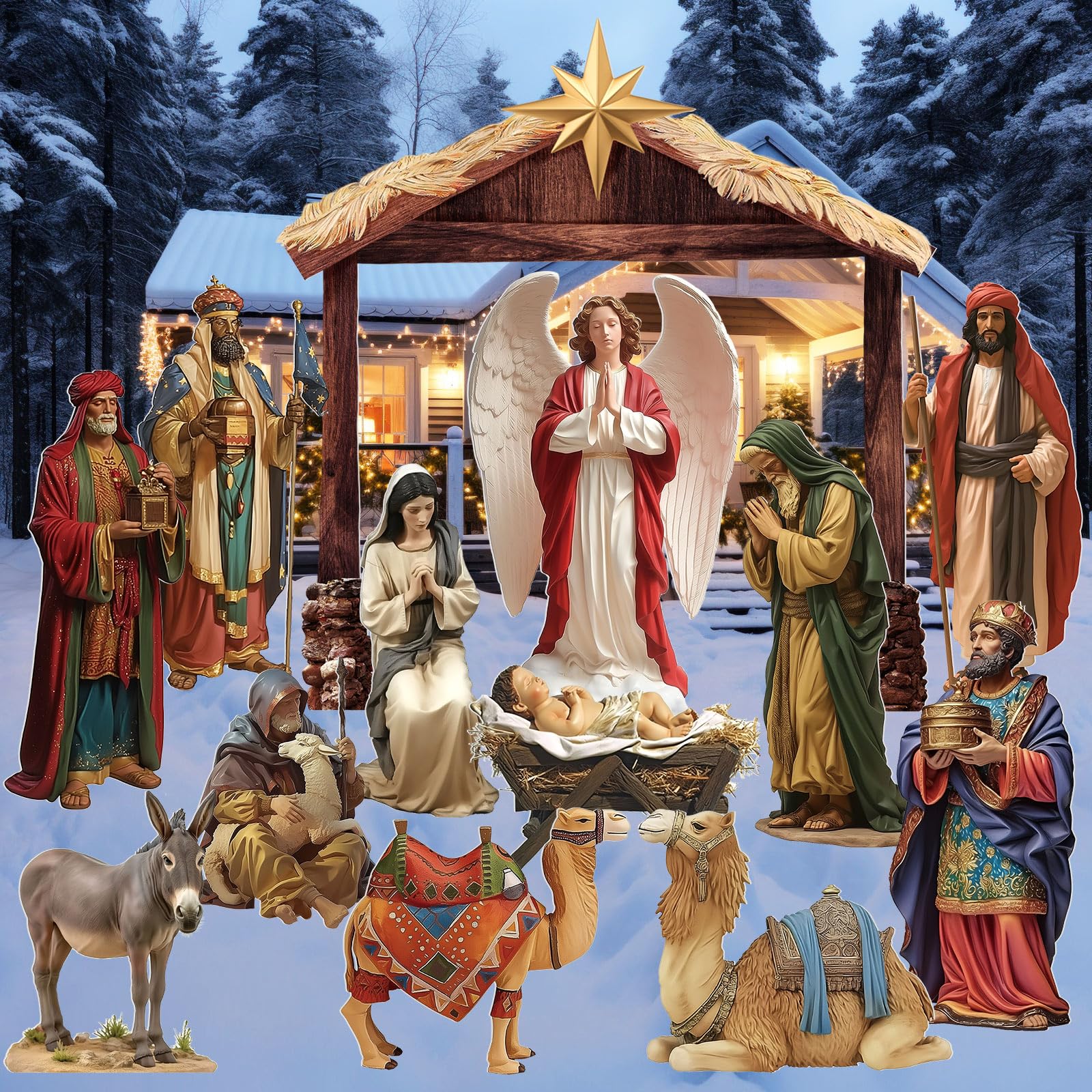 Photo 1 of 12 Pcs Large Outdoor Christmas Nativity Scene Set with Crèche Stable 81'' Holy Family Outdoor Yard Sign PVC Weatherproof Christian Manger Nativity Scene Set for Christmas Outside Yard Lawn Decor