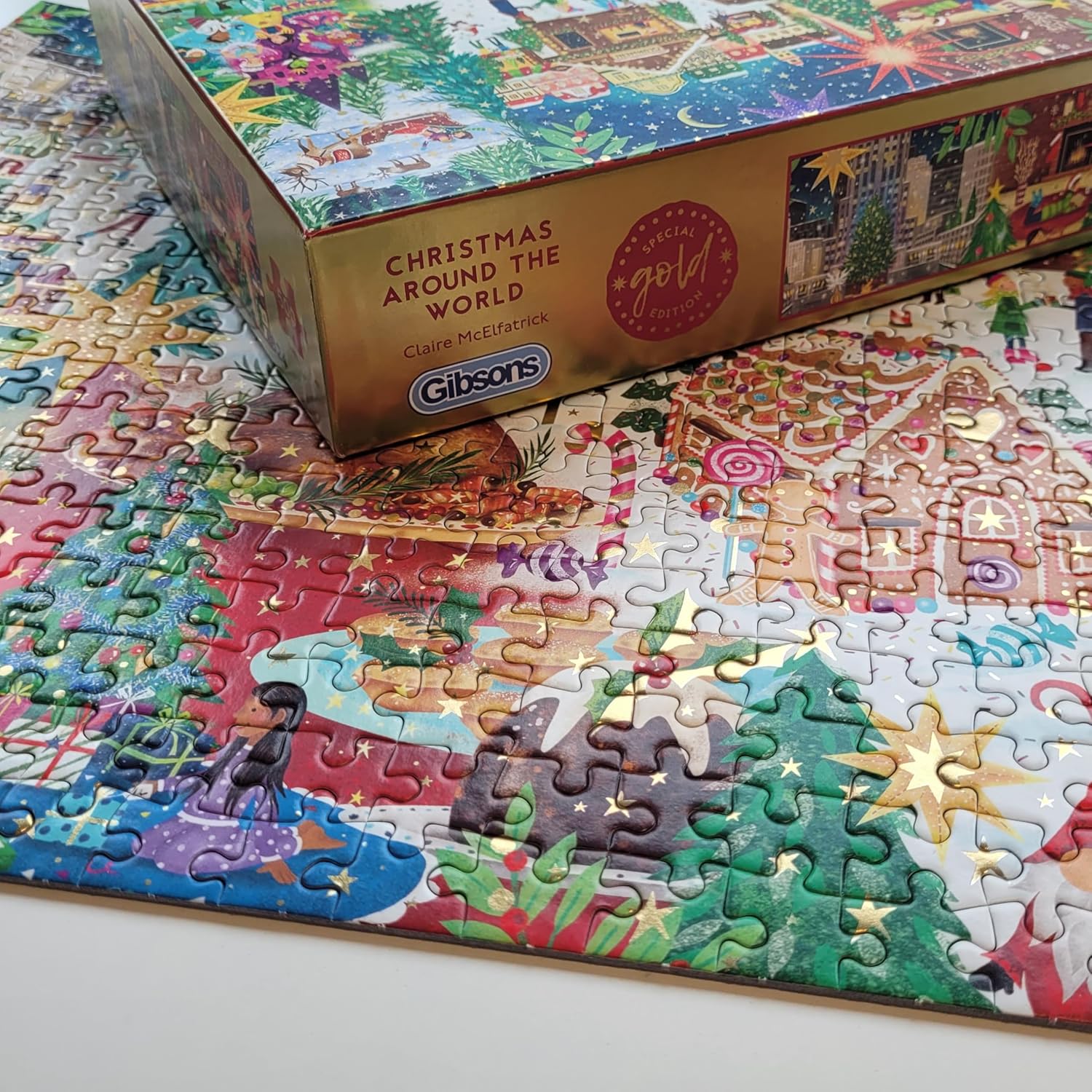 Gibsons Games Christmas Around The World 500 Piece Jigsaw Puzzle – Gold Edition Holiday Puzzle with Festive Scenes & Treats – Sustainable Gift for Adults & Teens – Premium 100% Recycled Board