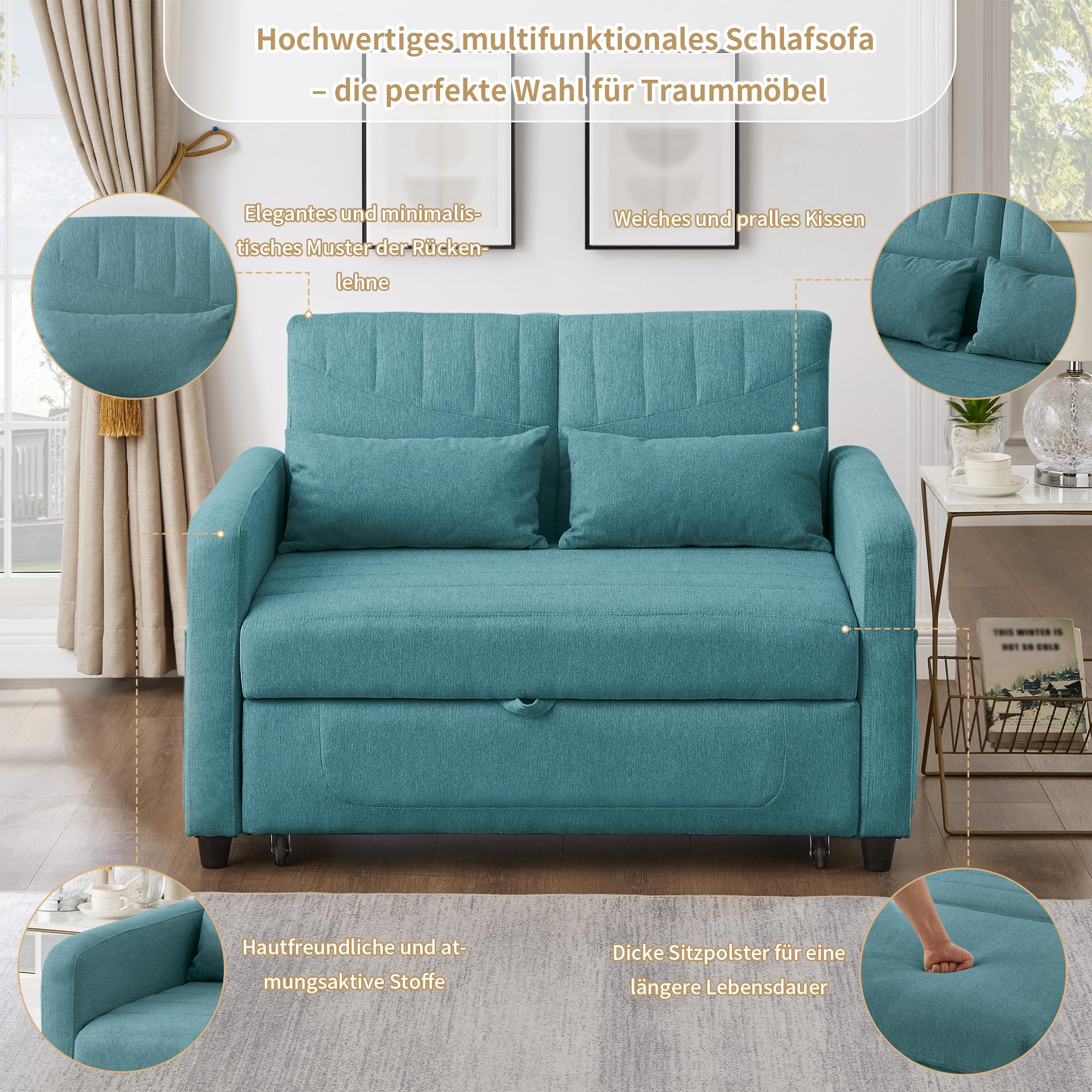 Divano letto con funzione letto Divano pieghevole a due posti, design estensibile, elegante e moderno, schienale regolabile a tre livelli, tessuto traspirante in cotone e lino (Antico Blu-verde)