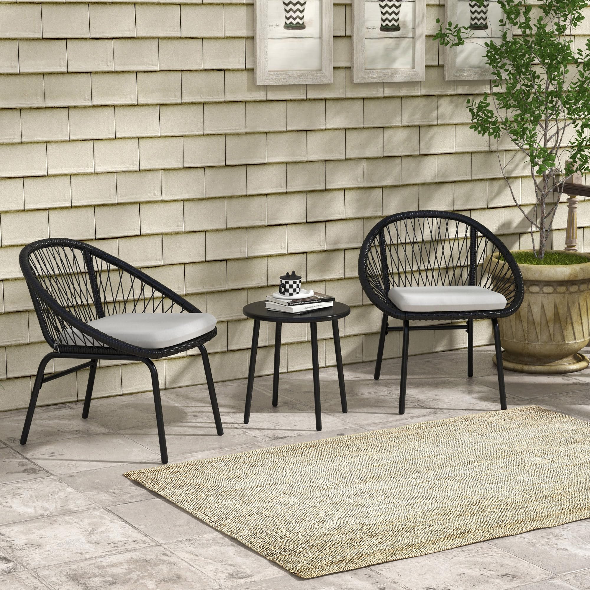 Outsunny Set da Giardino 3 Pezzi Tavolo e Sedie da Balcone Nero | Salotto da Giardino, 2 Sedie con Cuscino, Tavolino Acciaio Rattan PE, Terrazza