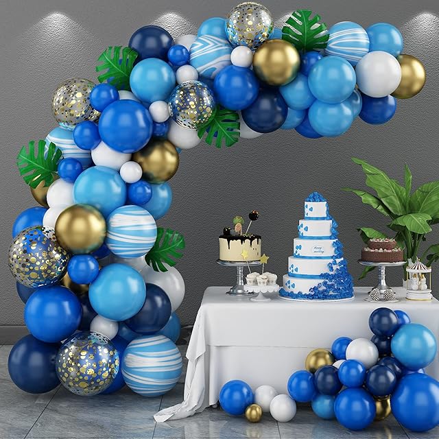 Blue Balloon Arch Kit, Blue White Balloon Garland Arch Kit with Agate Blue Metallic Gold Confetti Balloons and Palm Leaves Party Decorations for Wedding Bridal Baby Shower Birthday Supplies