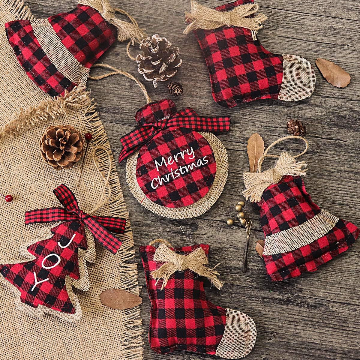 Ivenf Christmas Decorations Indoor Tree Ornaments, 8pcs Red Black Buffalo Plaid Burlap Farmhouse Xmas Ornaments, Tree Ball Bell Stocking Shaped Rustic Boho Country Decor for Home Office Family Party