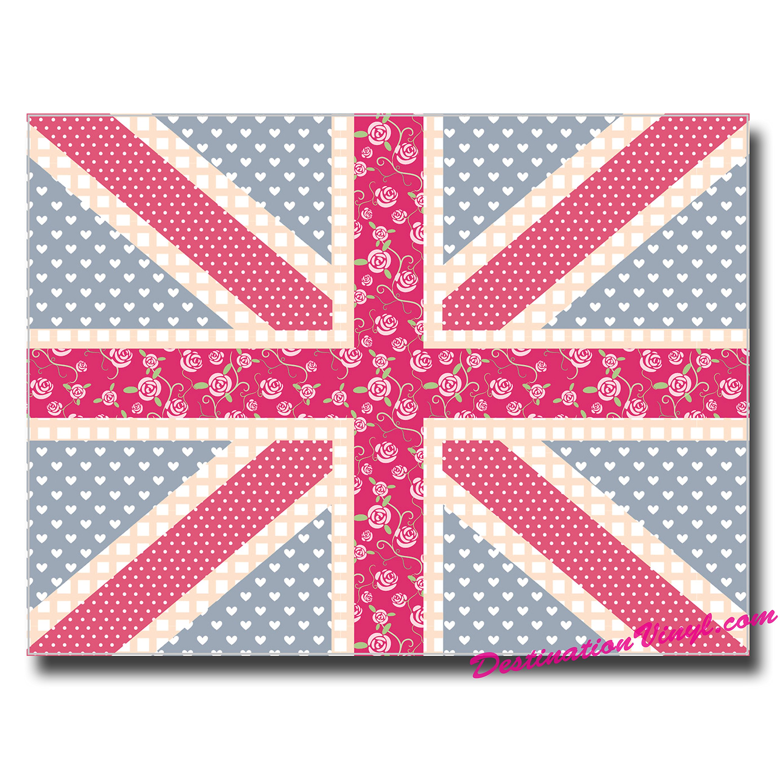 Destinationvinyl Multi 2 X Glossy Vinyl Stickers - Union Jack Flag Pink Roses & Hearts Girly #0025 (As Shown.)