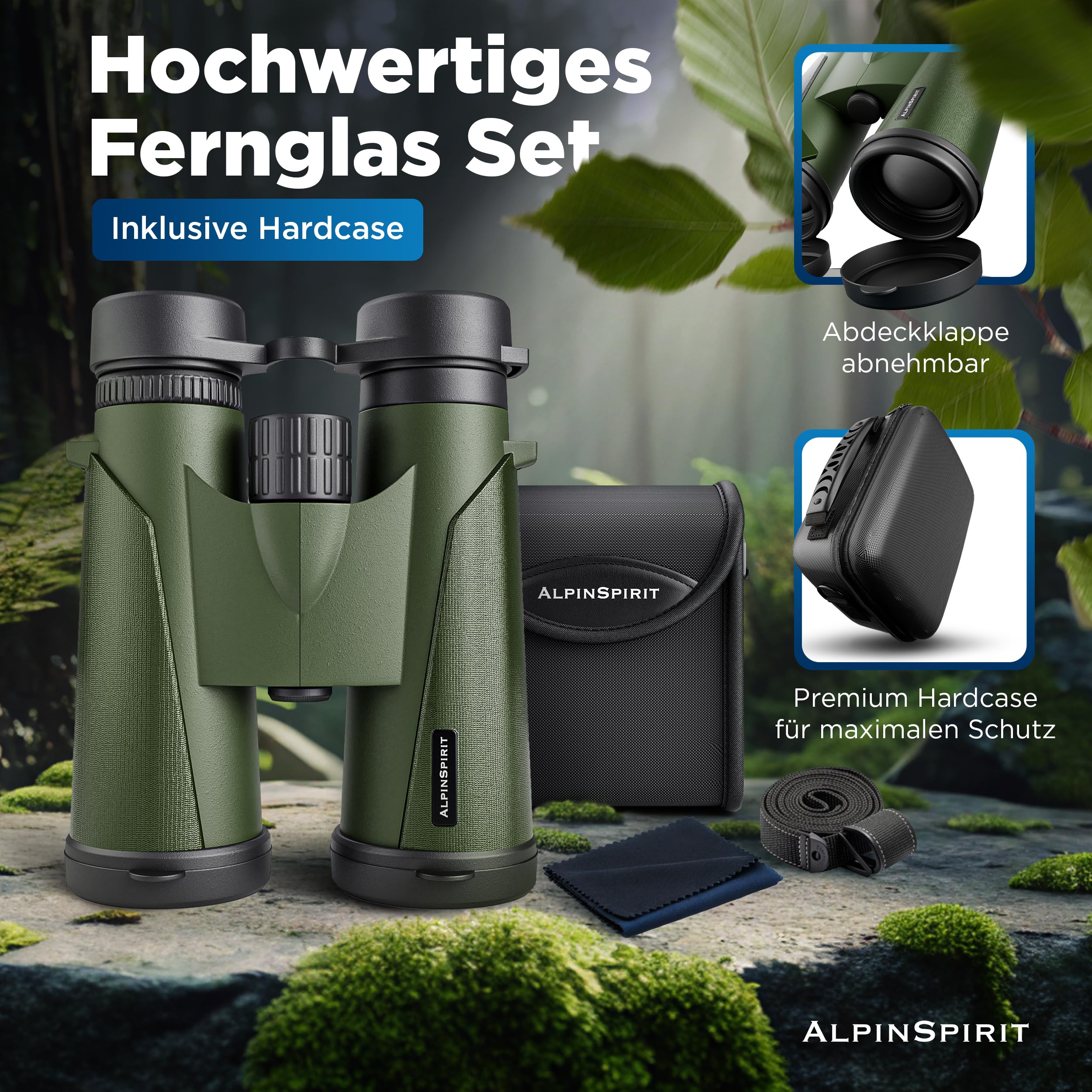 Fernglas 8x42 inkl. Hardcase & Zubehör (Testsieger) – geeignet für Brillenträger - kompaktes & leichtes Fernglas - wasserabweisend,FMC Linse+BAK4, Binocular für Kinder & Erwachsene(grün)