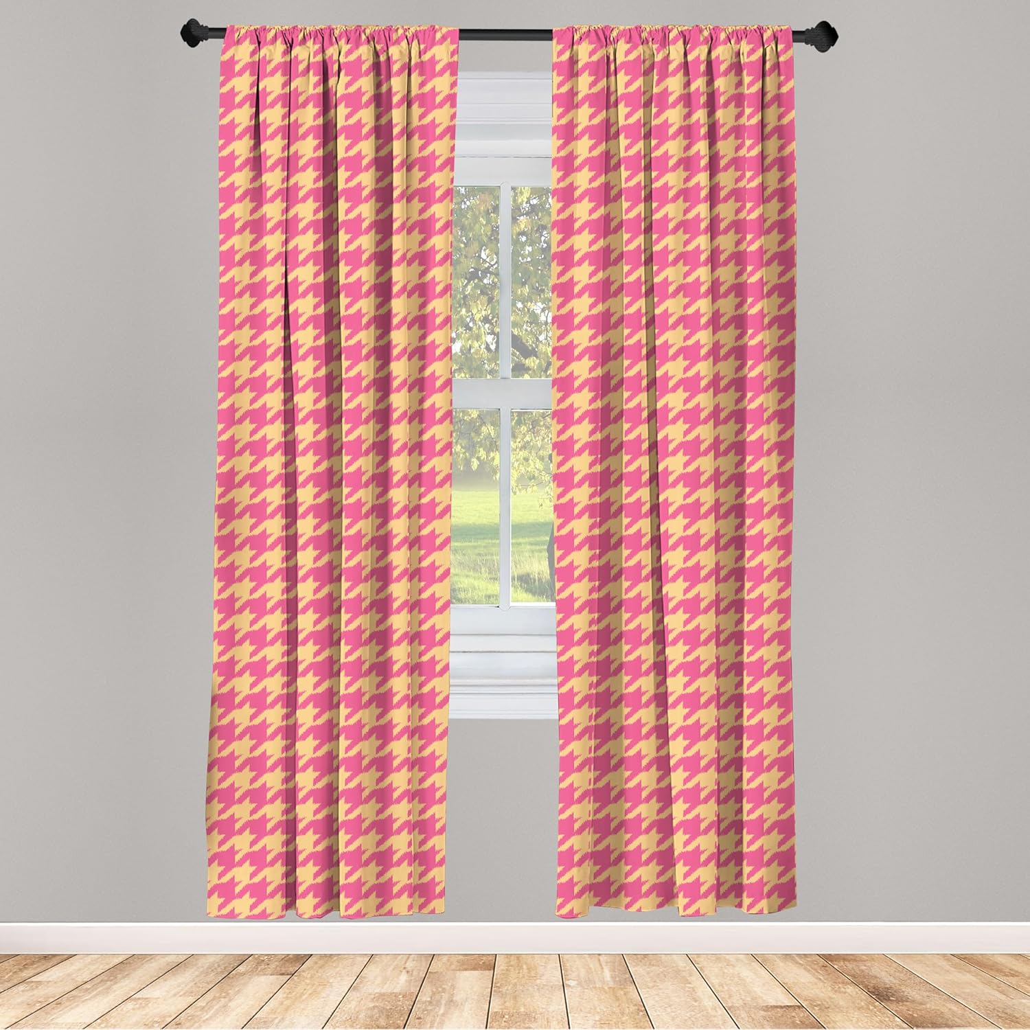 Ambesonne Houndstooth 2 Panel Curtain Set, Hand Drawn Ikat Pattern Traditional Old Fashioned Design in Pastel Colors, Lightweight Window Treatment Living Room Bedroom Decor, 56" x 95", Peach and Pink