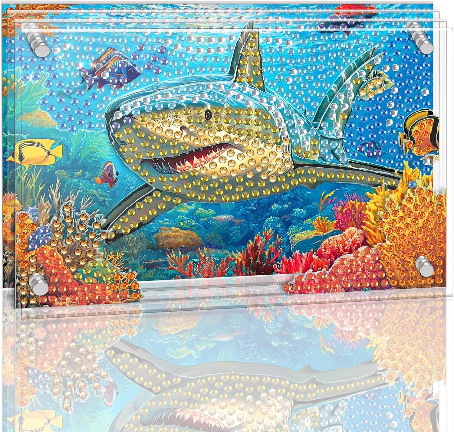 Ginfonr DIY Acrylayers Diamond Art Painting Kit for Adults, Shark 4-Layer Acrylic Magnetic Diamond Painting Stand Up Tabletop Decor with Dynamic Depth Effect, Home Christmas Gift 4x6 inch