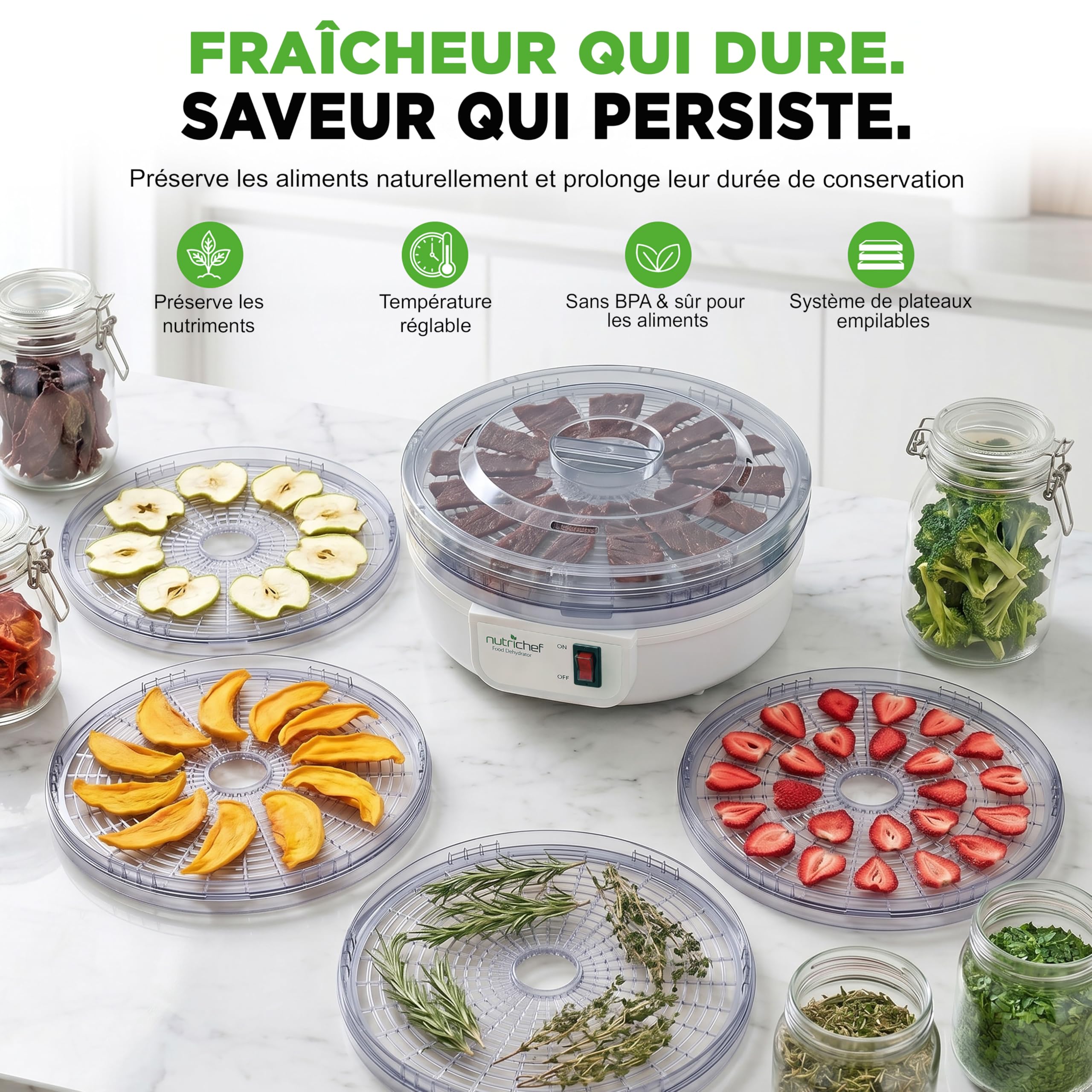 Nutrichef Déshydrateur Alimentaire 5 Niveaux – Séchoir Électrique pour Fruits Légumes et Viande – Température Réglable et Séchage Uniforme pour Snacks Maison et Conservation