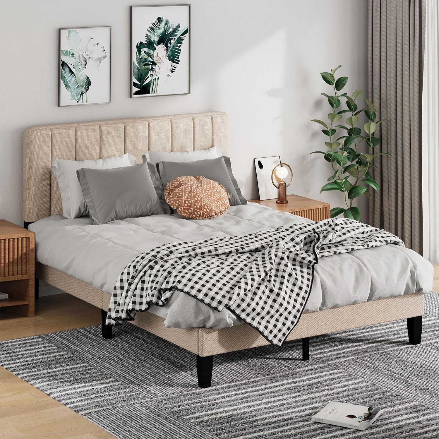 Bed Frames, Full Bed Frames with Linen Upholstered Headboard, Without Box Spring Needed, Easily Assembly with Sturdily Wood, Withoutn-Slip Without Noise (Beige)