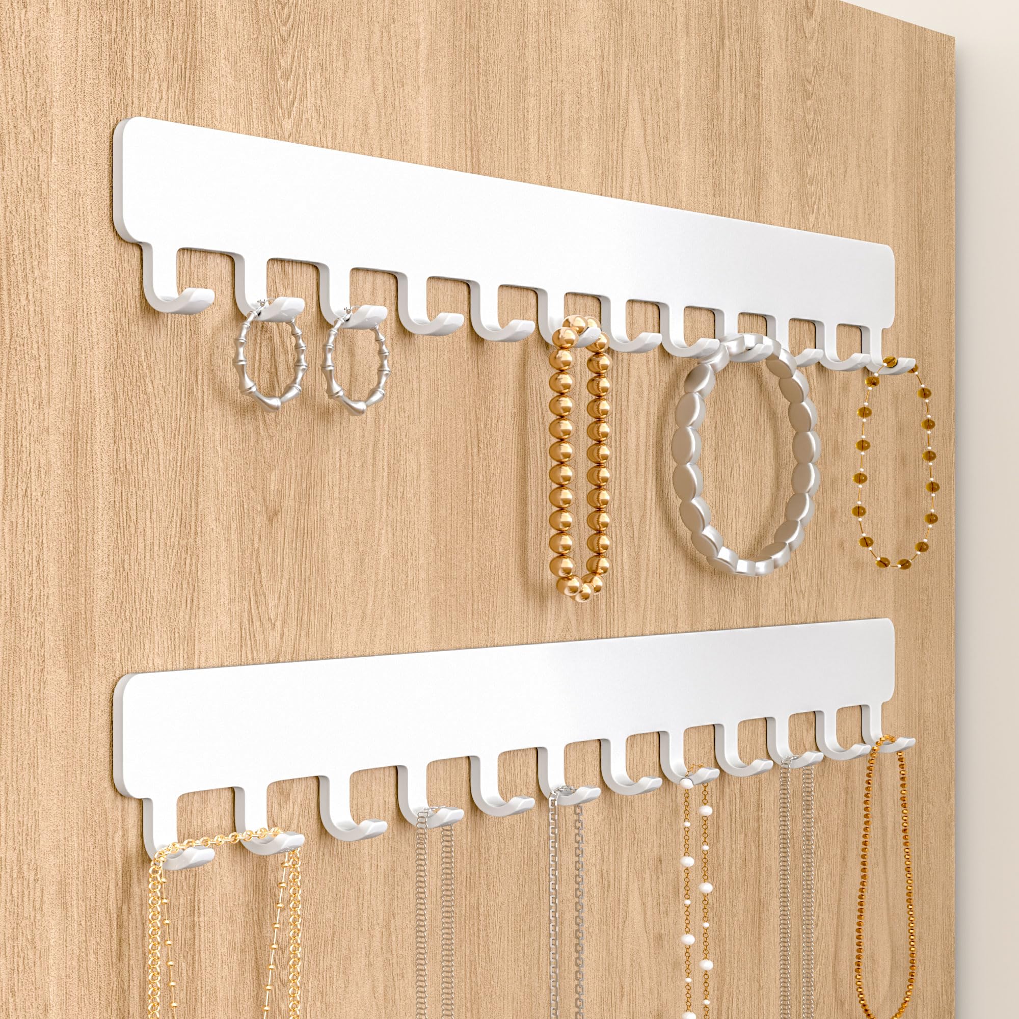 Josmimic Wall Mounted Necklace Holder - Adhesive Jewellery Hooks for Necklaces, Bracelets, and Rings - Easy Installation Metal Hanger Organiser, White