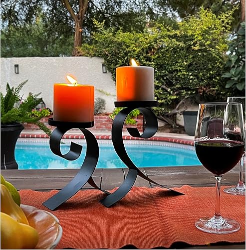 Miniatura 6 de Lilys Home Portavelas de pilar de Scrollwork contemporáneos acero soportes de velas de hierro negro juego de dos Velas no incluidas
