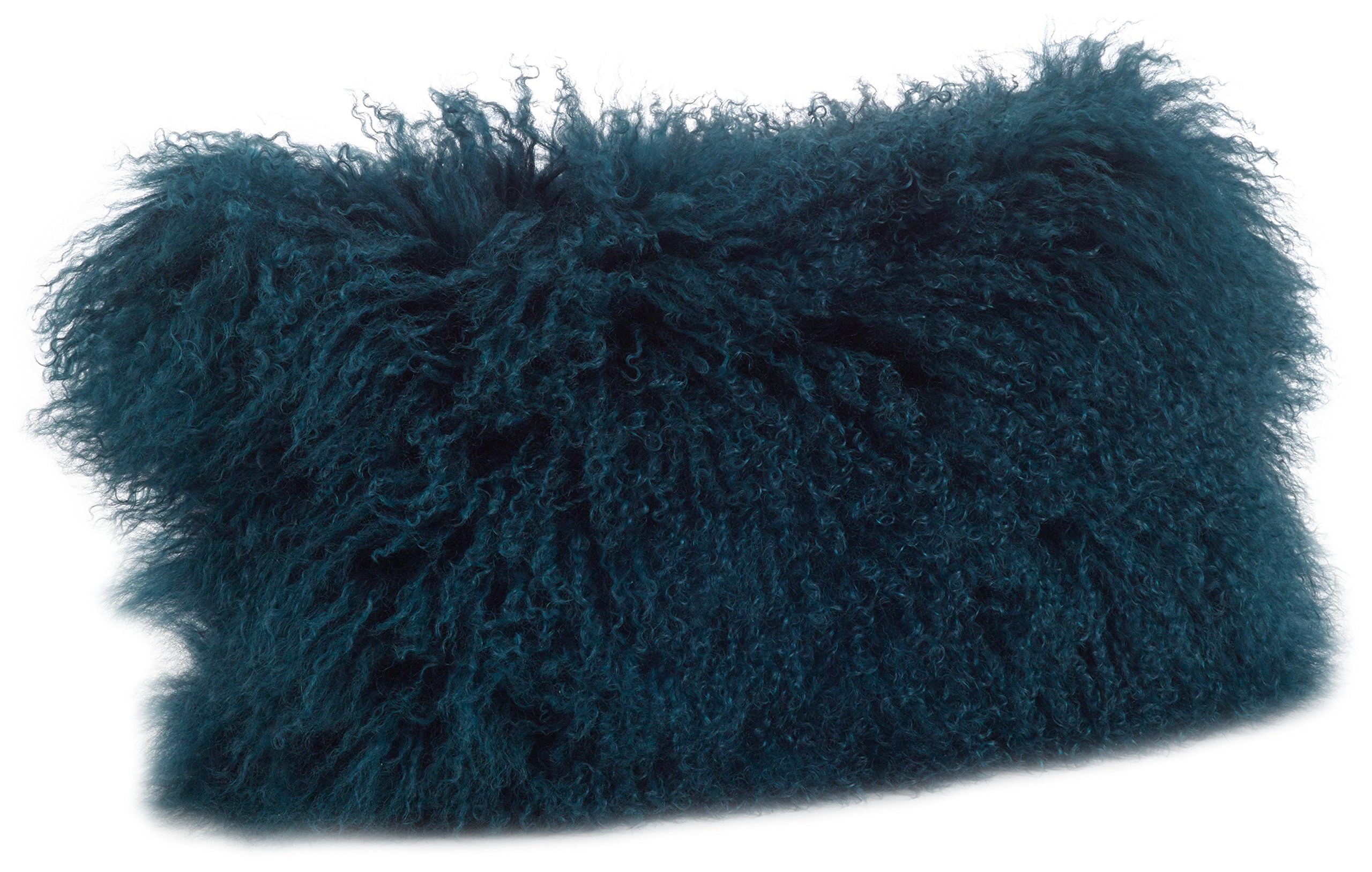 SARO LIFESTYLE 100% Wool Mongolian Lamb Fur Throw Pillow With Poly Filling, 12" x 20", Teal