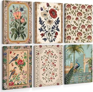 Indian Wall Art Vintage Floral Canvas Poster India Wall Decor Folk Flower Prints Scandinavian Pictures Antique Botanical Painting Gallery Artwork for Bedroom Living Room 8x10x6 Inch Ready to Hang