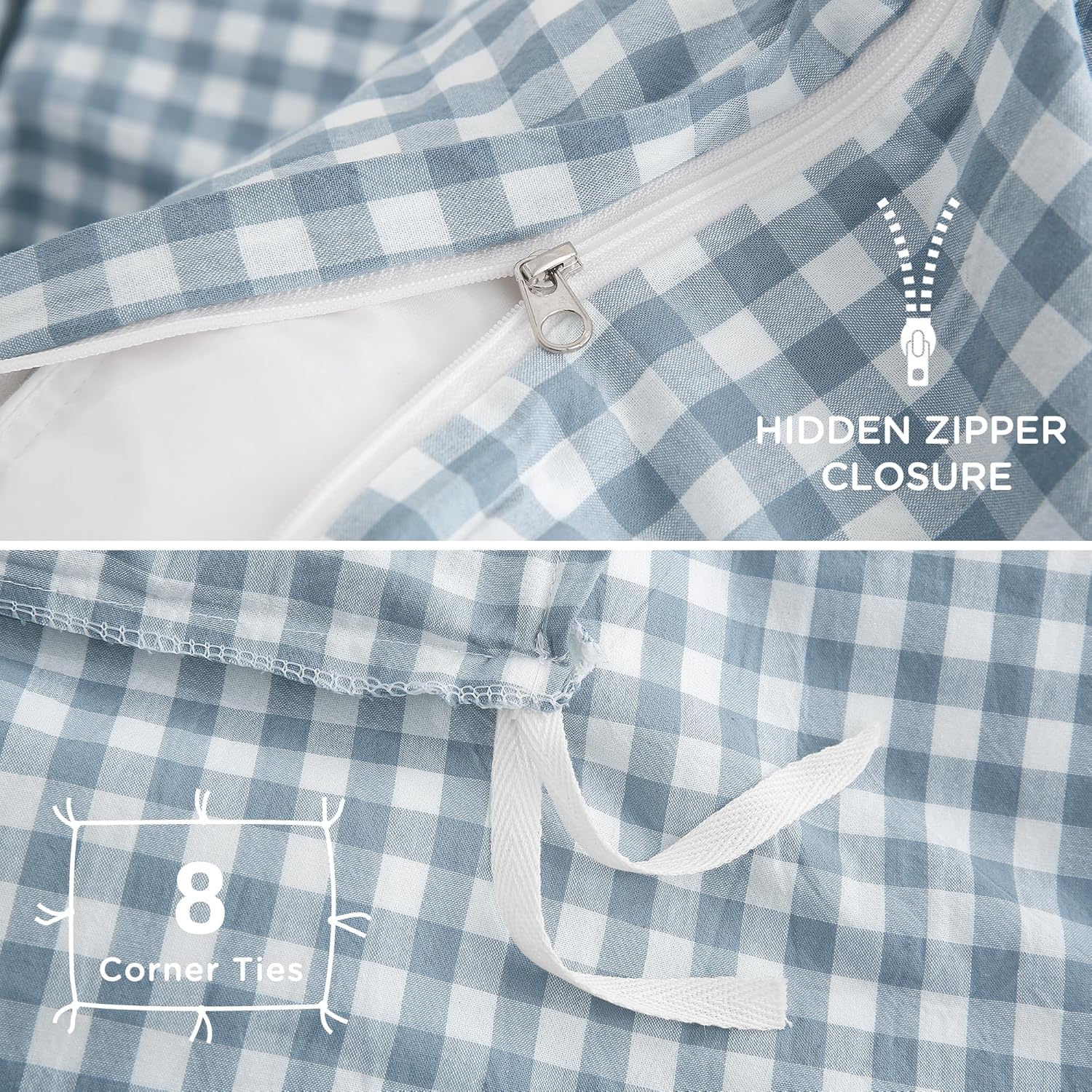 TOCOMOA Blue Gingham Duvet Cover Bedding Set 100% Washed Cotton Like Linen Feel Super Soft Comfortable 3 Piece Vintage Plaid Checkered Comforter Cover Set (Queen 90"x90", Comforter Not Included) - Image 6