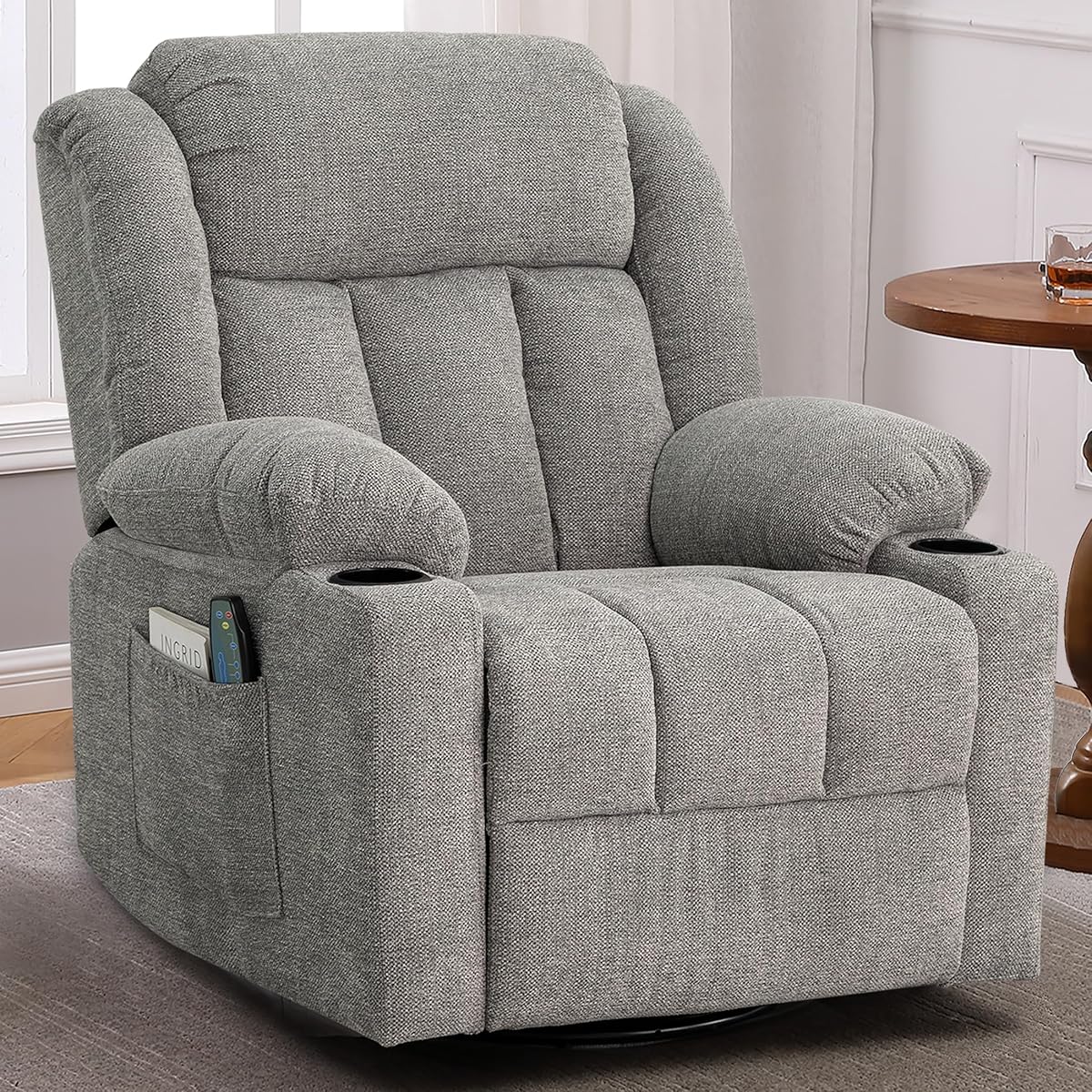 Rocker Swivel Recliner Chair for Adults, Overstuffed Large Manual Recliner Glider with Massage and Heat, Comfy Soft Fabric Living Room Reclining Sofa Chair (Lime Gray)