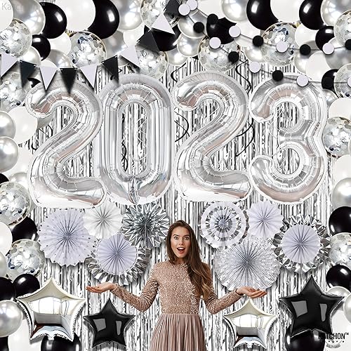 Miniatura 8 de KatchOn, Juego de decoraciones de fiesta de graduación en negro y plateado 2023, paquete enorme de 155, kit de arco de globos de graduación |