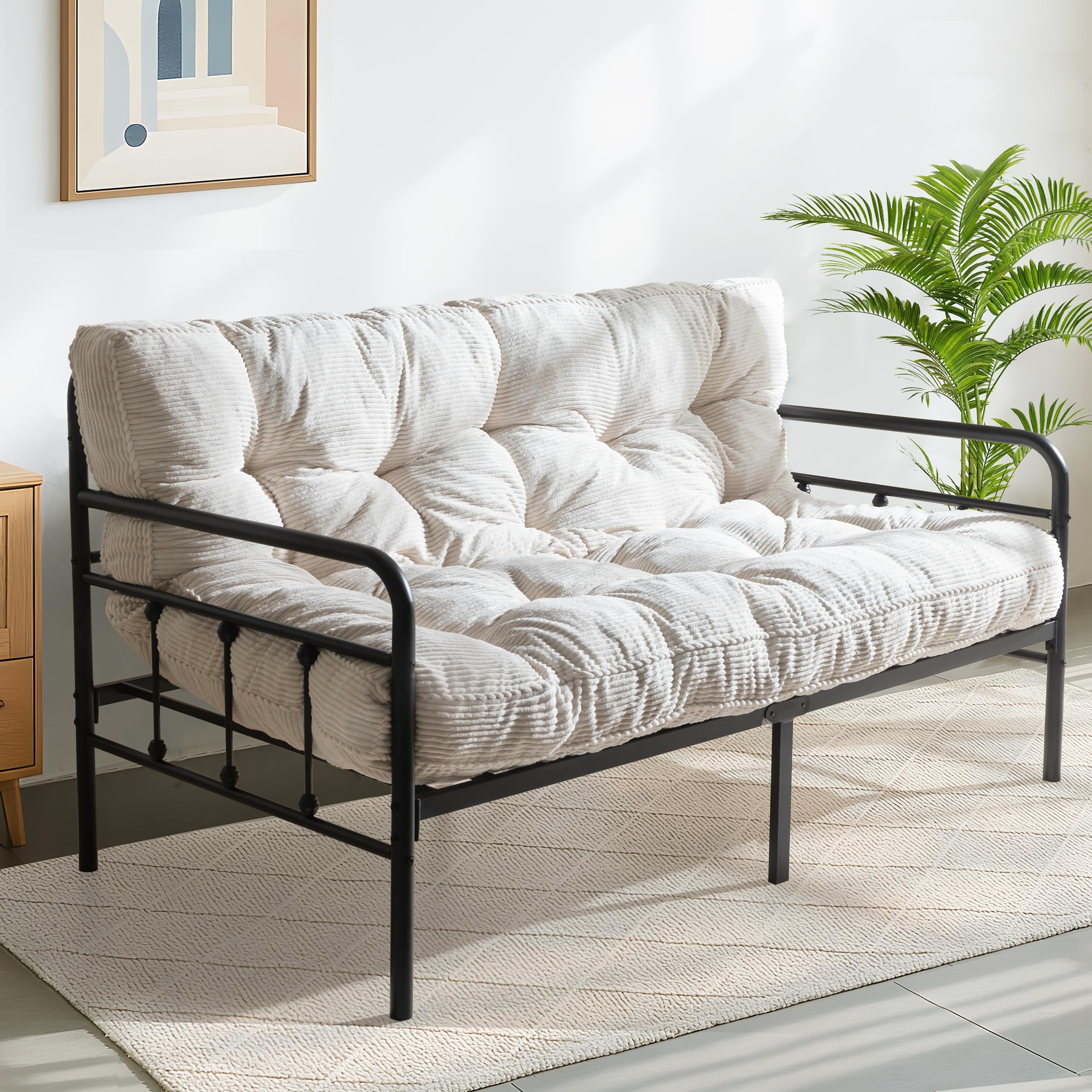 MAXYOYO 6" Futon Mattress Full Size, Tufted Futons Sofa Couch Bed with Twisted Rope Design Edging, Thick Corded Fabric Floor Mattress for Adults, Shredded Foam Filling (Frame Not Included), Beige