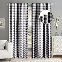 Vista 2 de Buffalo - Cortina de algodón a cuadros de 108 pulgadas de largo, juego de 2 paneles con pestaña trasera, cortina de cuadros blancos y negros