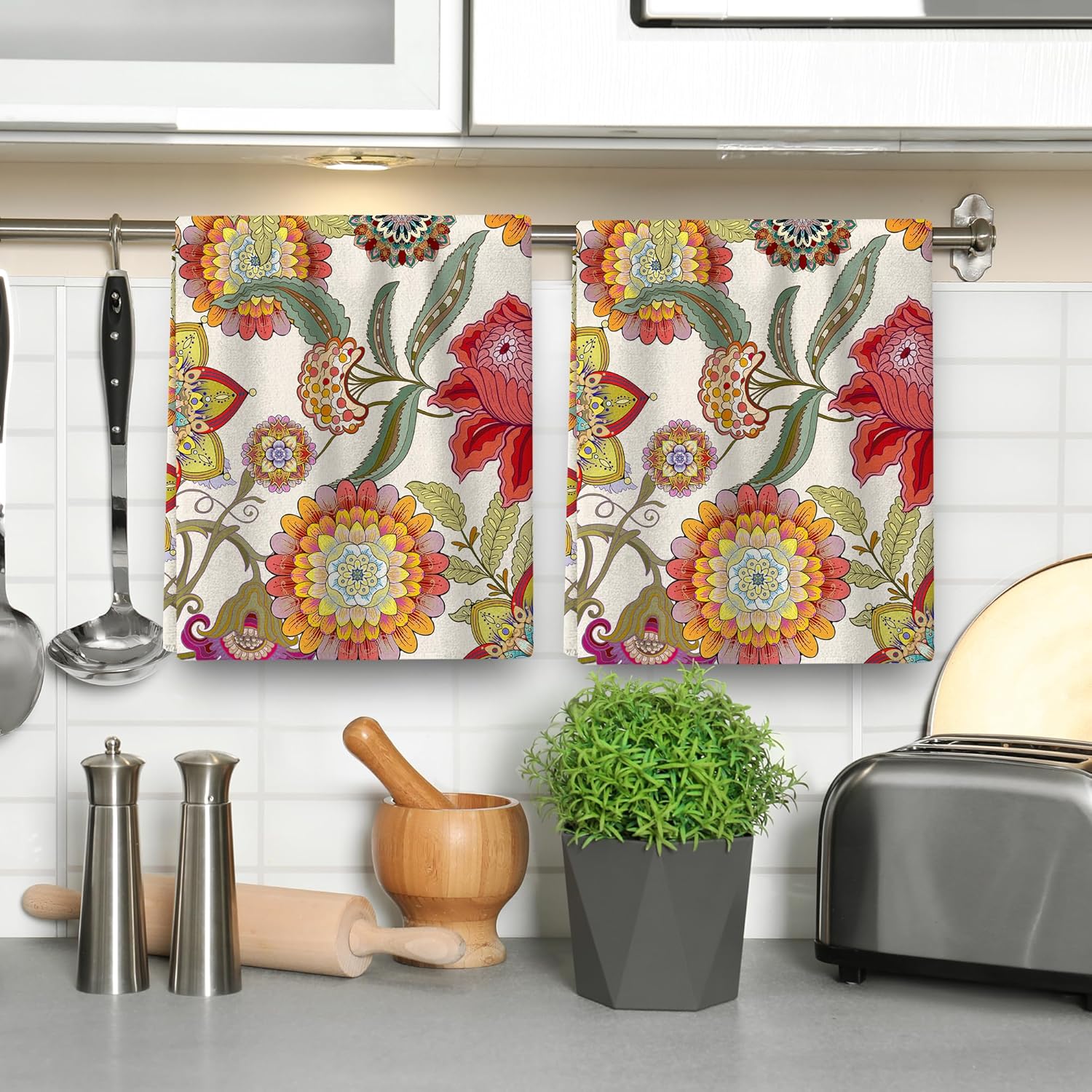 Boho Floral Kitchen Towel Decorative Set of 2 Soft Absorbent Colorful Flower Hand Tea Dish Towels for Kitchen Drying Bar Farmhouse Bathroom Home Decorations Housewarming Gifts 16"x24" - Image 5