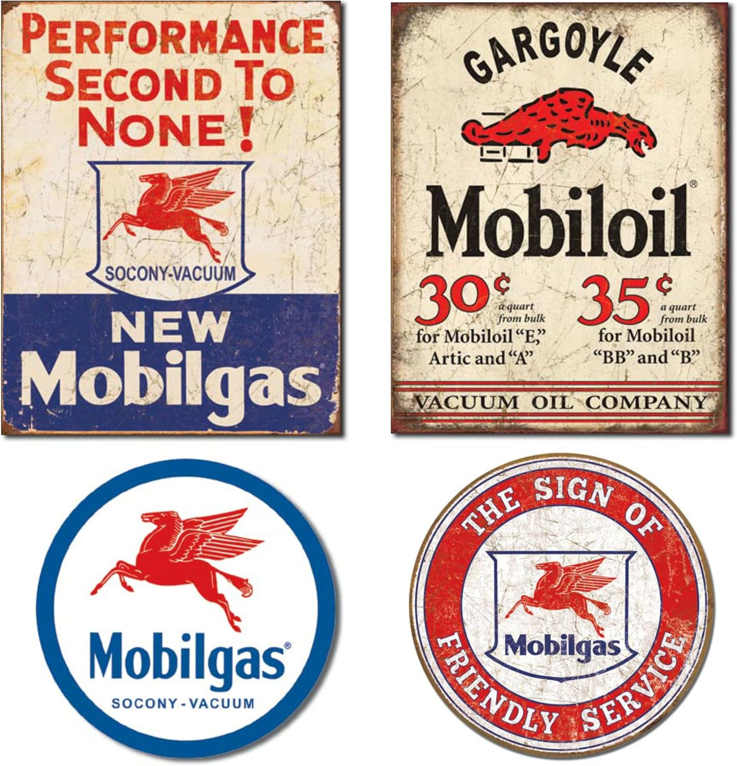 Mobilgas Tin Sign for Garage Bundle - Mobilgas Second to None, Mobil Gargoyle, Mobilgas Pegasas and Mobil Friendly Service