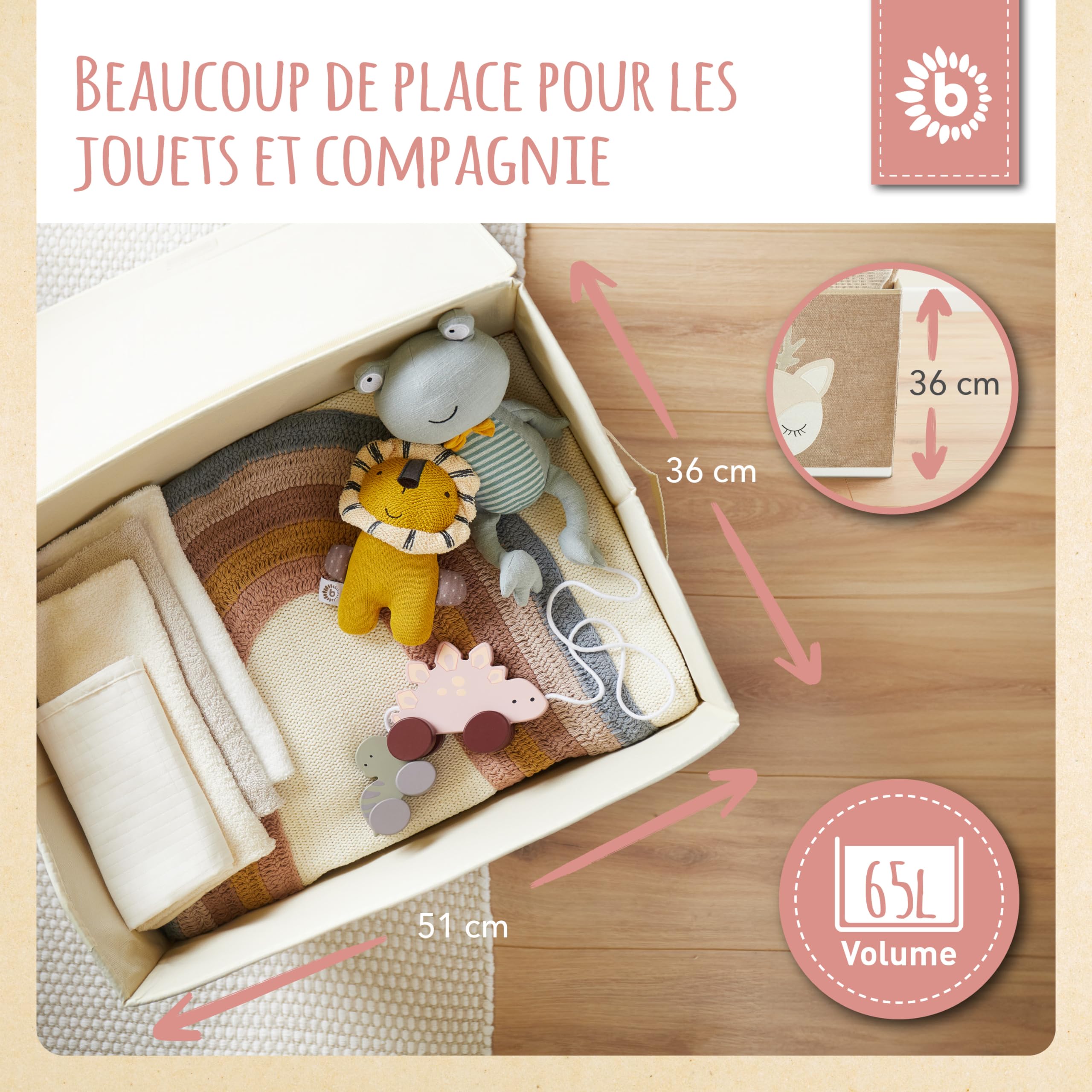 Bieco Boîte pliante avec couvercle | 65 litres | env. 36 x 36 x 51 cm | Coffre à jouets | Enfants | Caisses | Grand | Organiseur de table à langer | Chevreuil Ella