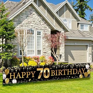 70th Birthday Decorations Yard Banner, Happy 70th Birthday Decorations For Men Women, Black Gold 70 Years Old Birthday Party Sign Backdrop Decorations for Outdoor Indoor, Fabric Sturdy, Vicycaty