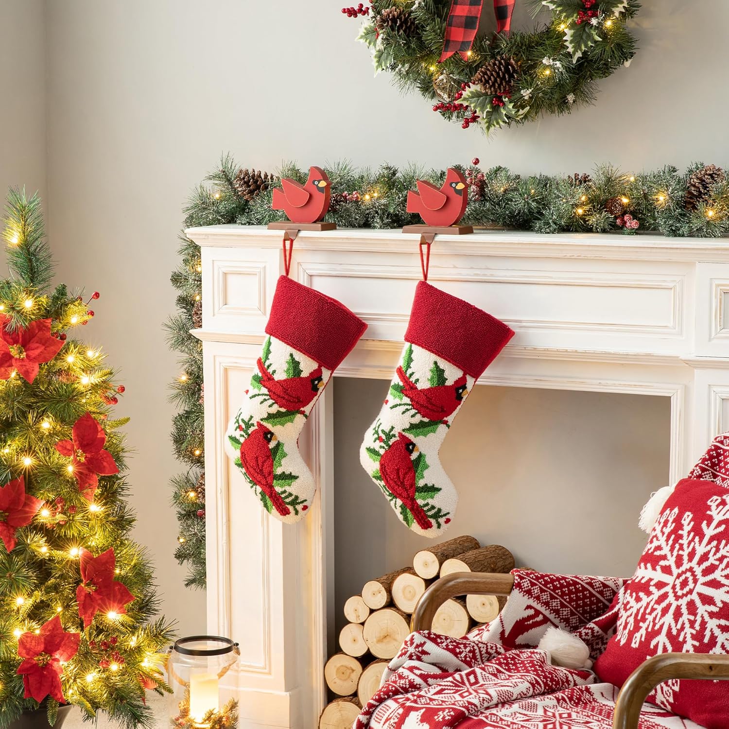 Glitzhome Hooked Christmas Stocking Cardinal Bird Design, Large 21 Inch Festive Fireplace Hanging Decor, Traditional Red White Holiday Socks for Family Personalized Handmade Vintage Xmas Gift Bag