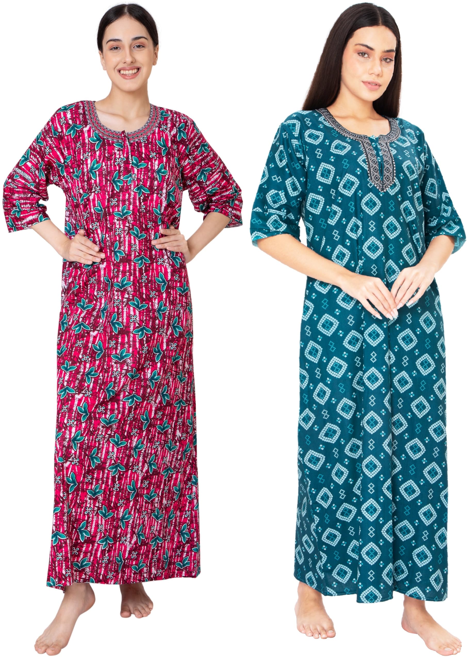vanitha textile impex Women Cotton Nighty Pack of 2 | 100% Pure Cotton Printed Nightdress for Women | A-Line Ladies Nighty with Embroidered Neck | Loose Fit Nightwear with 3/4 Sleeves | Multicolour-picture-36