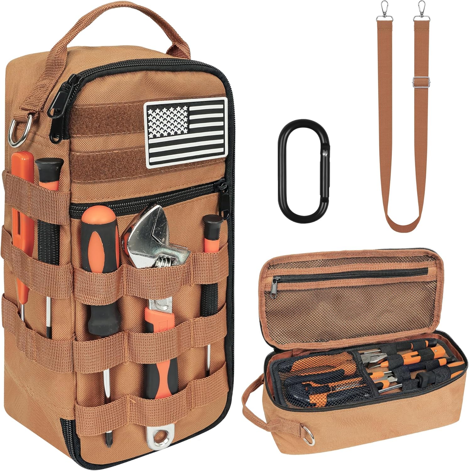 13 Inch Portable Small Tool Bag, Heavy Duty Tool Organizer Bag with Shoulder Strap and D-ring Clip, Tactical Tool Bag, Tool Pouch Bag for Electricians, Carpenters, HVAC Technicians (Brown)