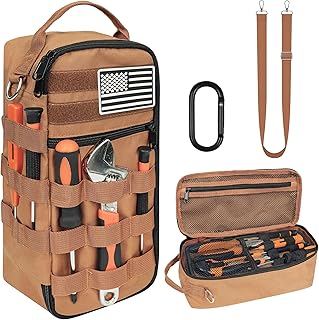 13 Inch Portable Small Tool Bag, Heavy Duty Tool Organizer Bag with Shoulder Strap and D-ring Clip, Tactical Tool Bag, Tool Pouch Bag for Electricians, Carpenters, HVAC Technicians (Brown)